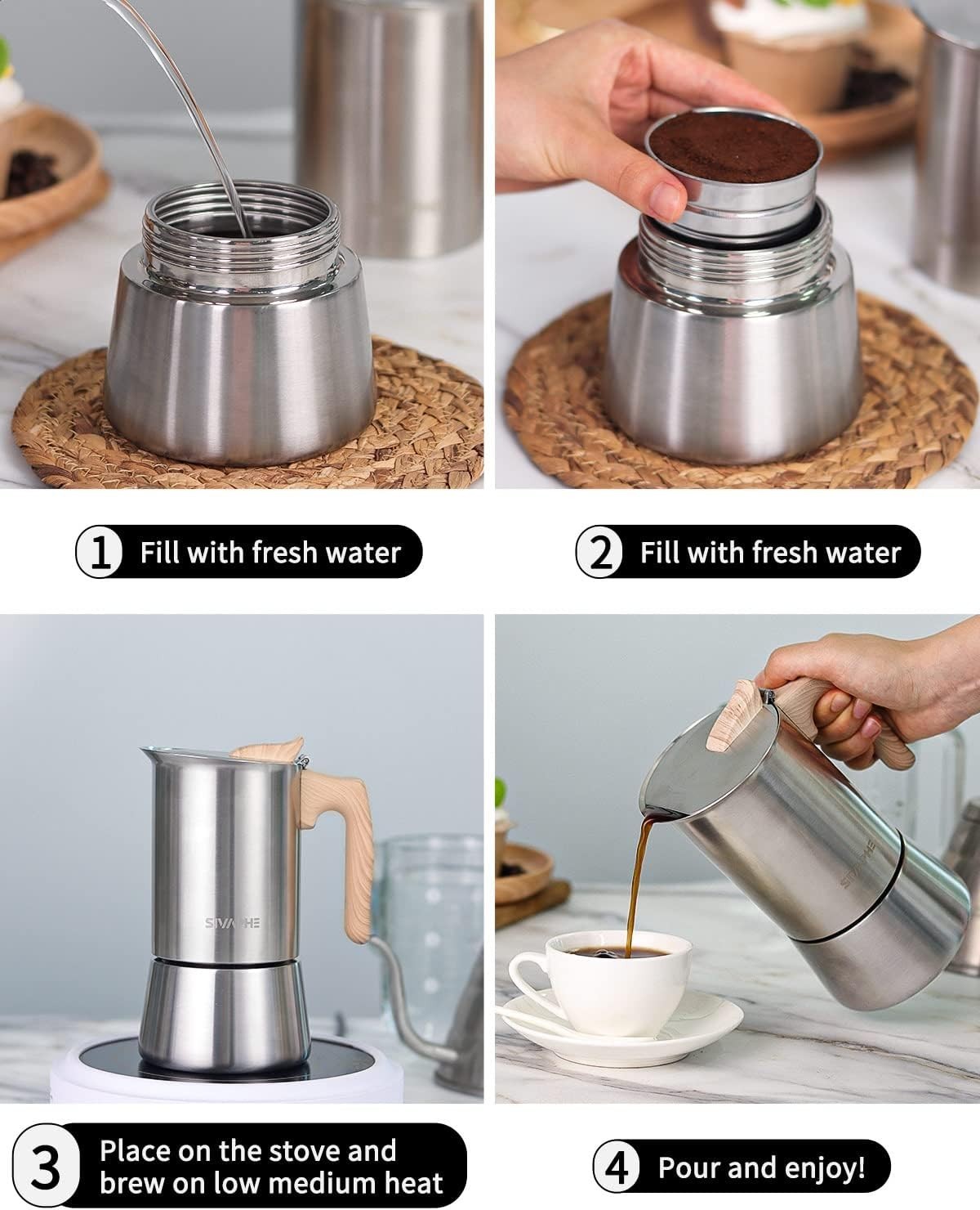 Stovetop Espresso Maker Stainless Steel 9 Cups, Induction-Capable Mocha Pot 4…