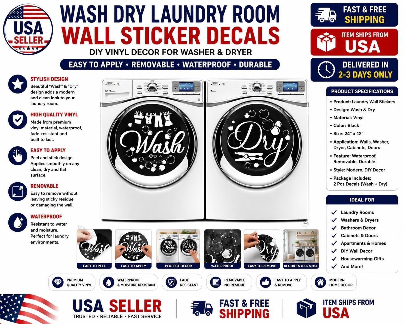 Laundry Room Wall Sticker Vinyl Wash Dry Decal Washing Machine DIY Decor 24"x12"