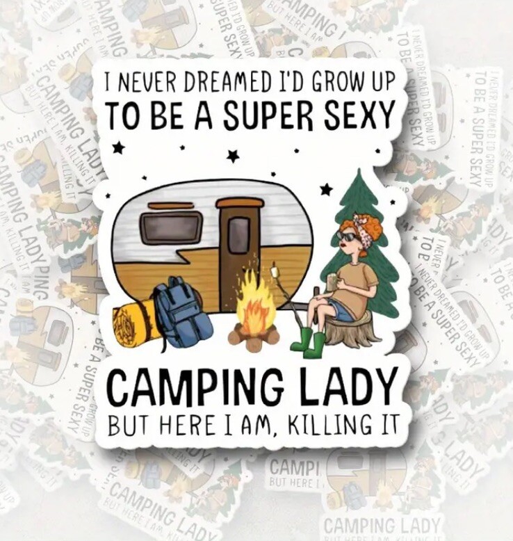 Sexy Camping Lady Large 6”x5” Waterproof Sticker Women Car Truck RV