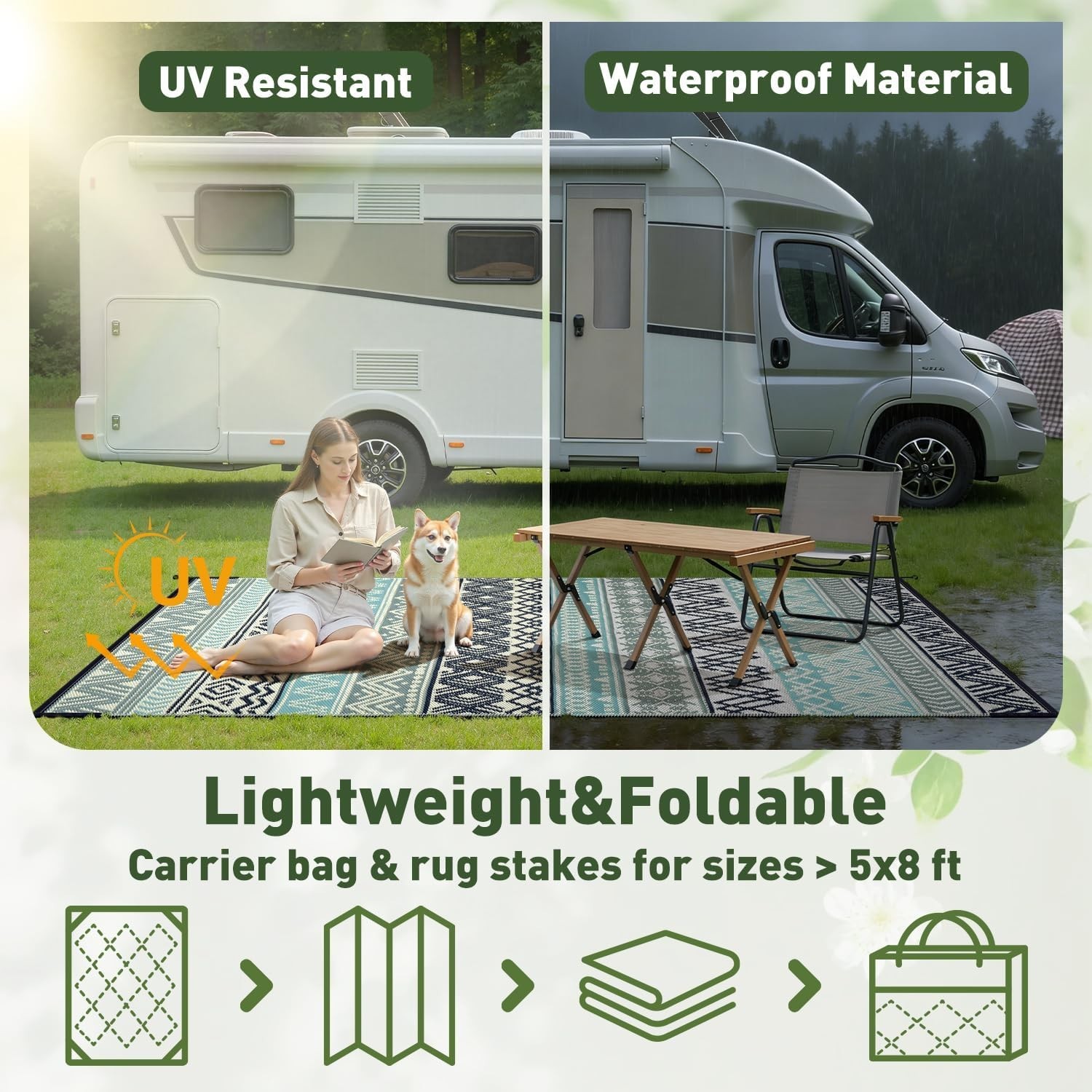 Waterproof Outdoor Rug 5×8 – Reversible Camping Mat, Picnic Beach Carpet, Boho D