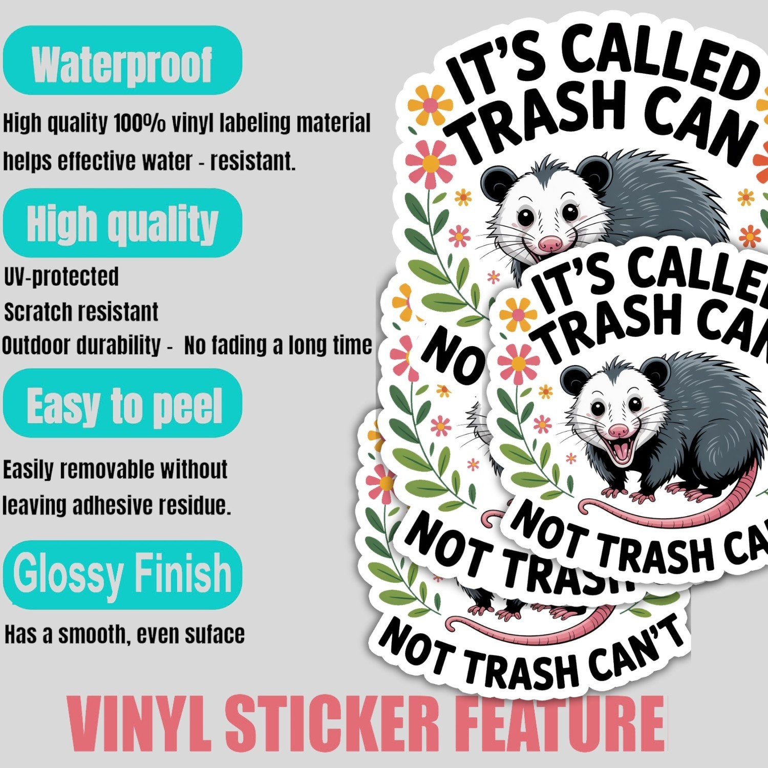 4pcs Trash Can Not Trash Can’t Stickers – Funny Opossum Vinyl Laptop Decals