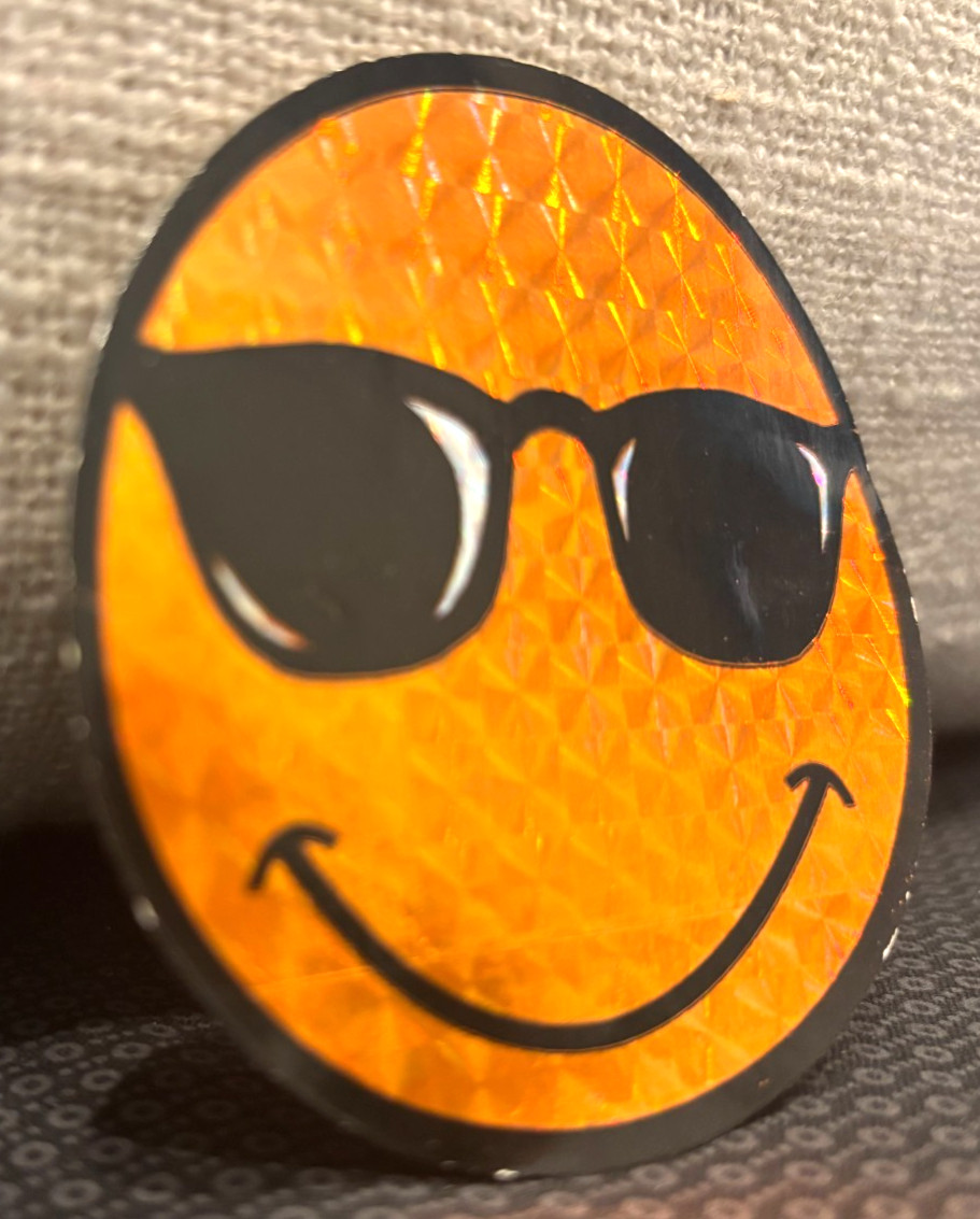 Vintage! Smiley Face with Black Sunglasses Sticker ~Orange Gold Prism Glitter 3"