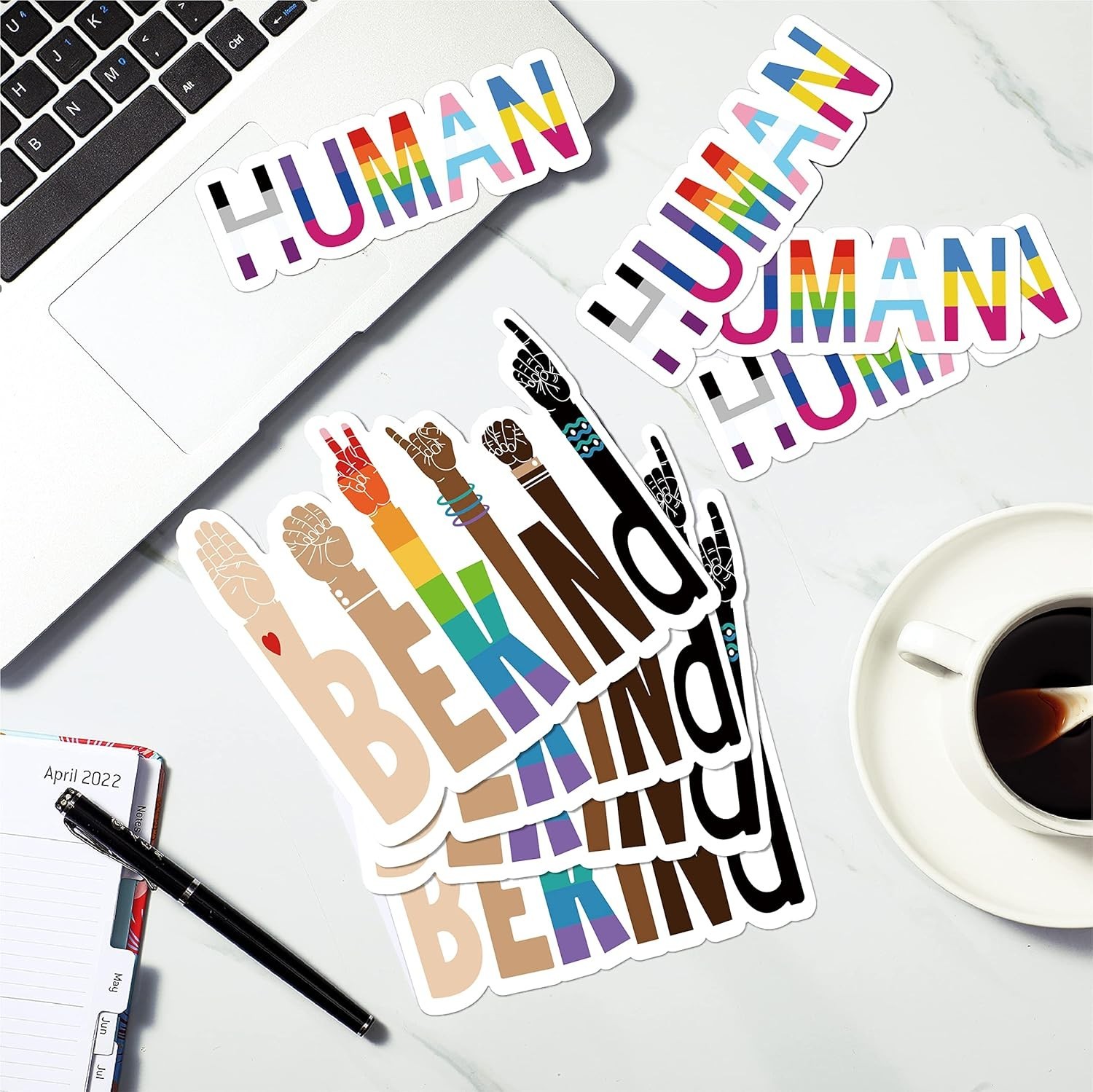 Colorful Be Kind & Human Stickers – 12 Durable Decals for Outdoor and Indoor Use