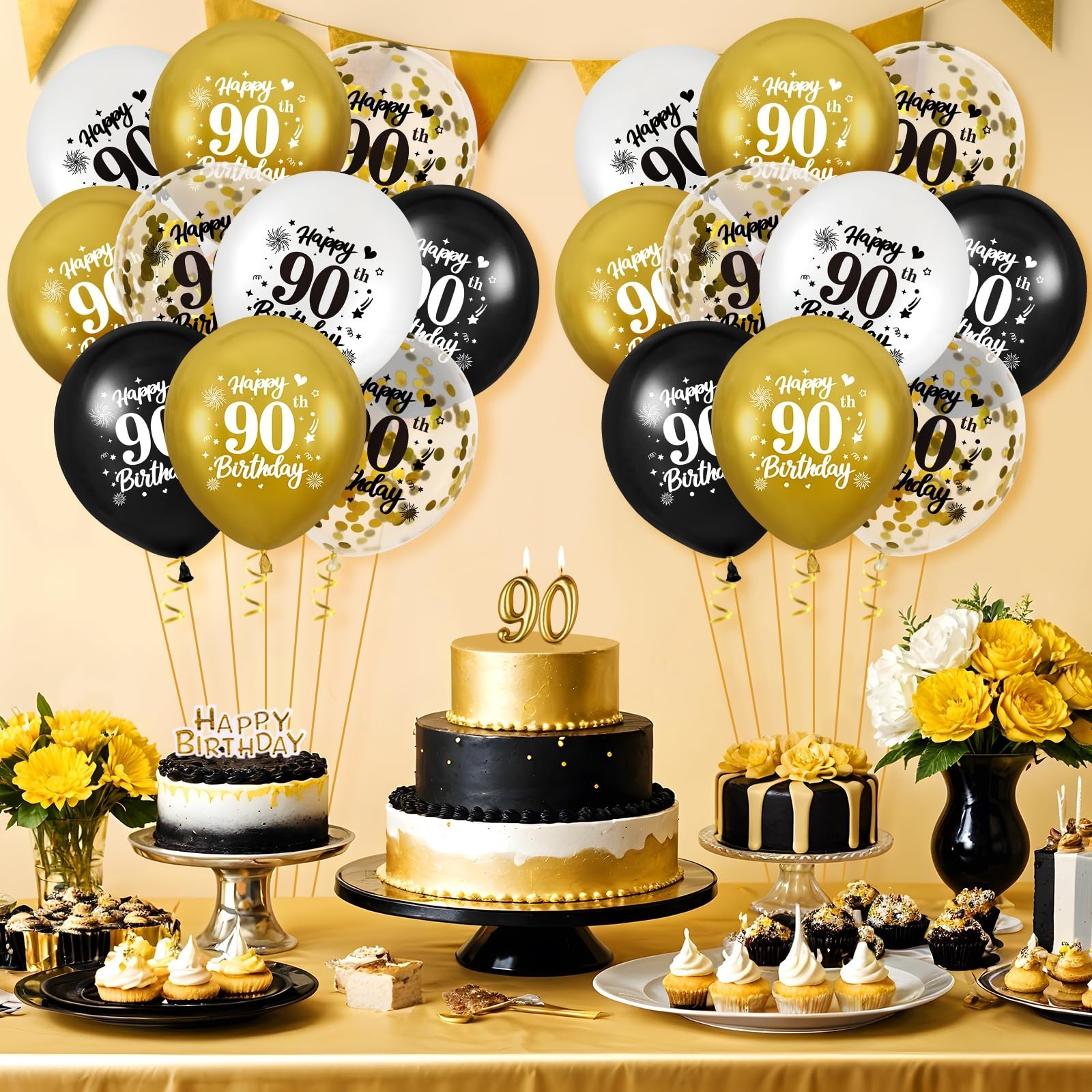 90th Birthday Balloons for Men, 24Pcs Black Gold White Happy 90th Birthday Ba…
