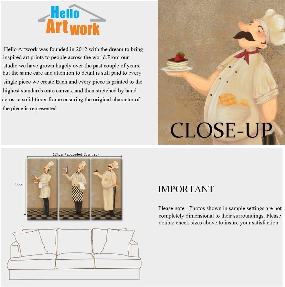 Funny French Chef Vintage Wall Art Set for Kitchen & Dining Room Decor 3Pcs