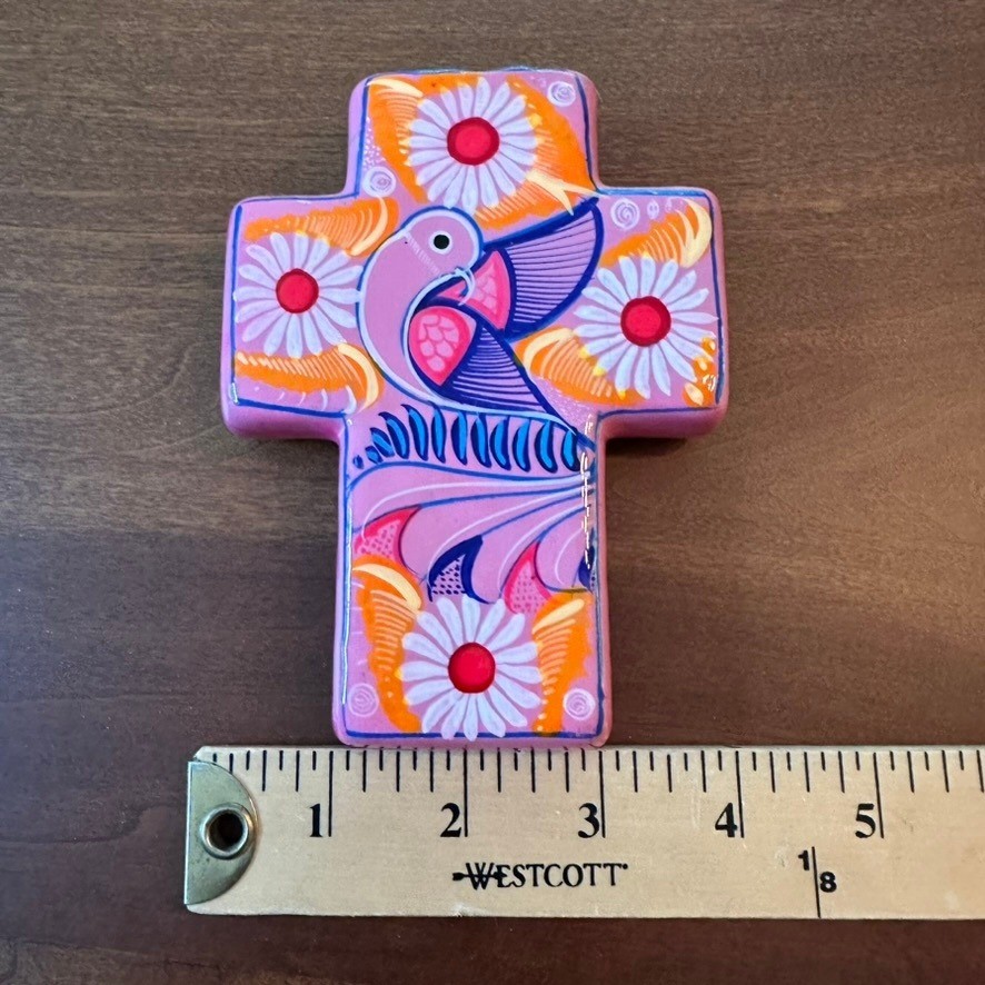 Hanging Wall Art Cross Decor Talavera Pottery Pink Orange Bird Flowers Floral