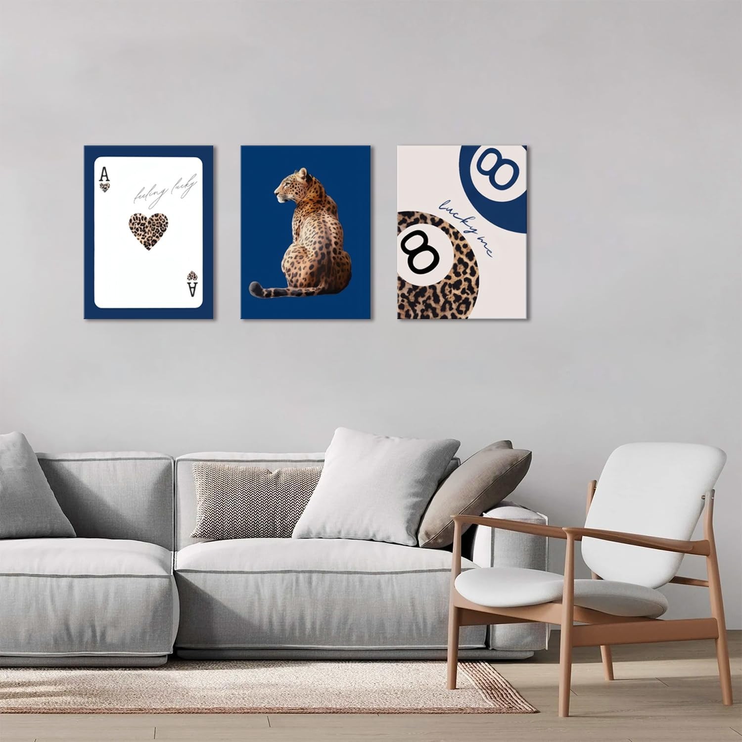 Navy Blue Leopard Canvas Wall Art Set of 3 Cheetah Animal Prints Posters Wall…