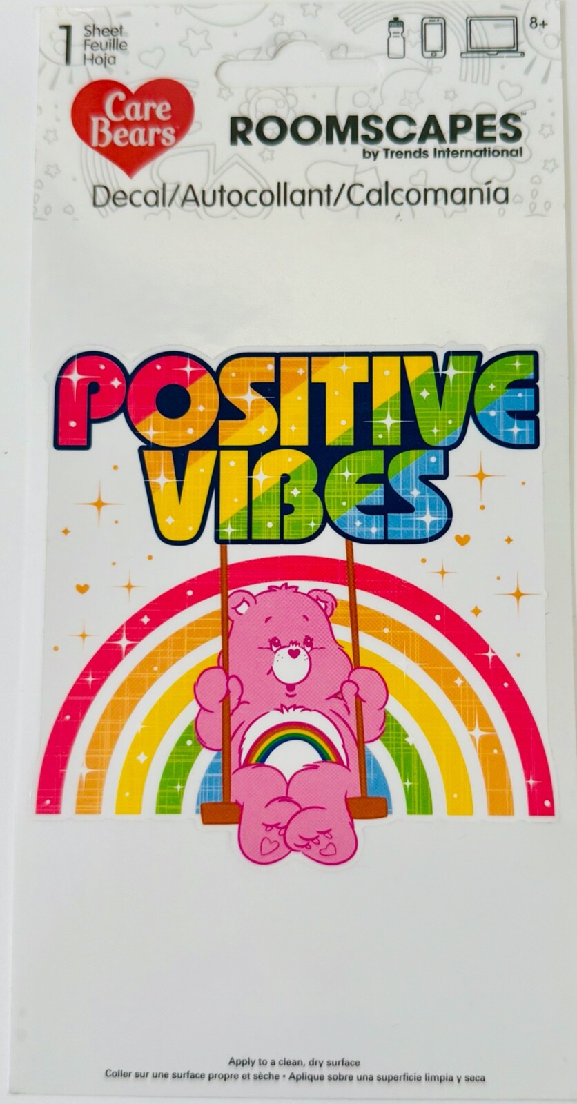 CARE BEARS Roomscapes Decal Cheer Bear POSITIVE VIBES Pink Rainbow Bear New