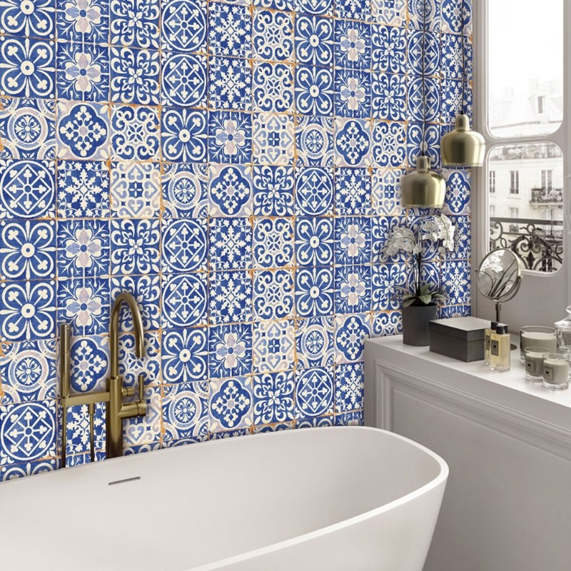 24pcs Blue and White Porcelain Tile Sticker Peel Floor Wall Decals Decor