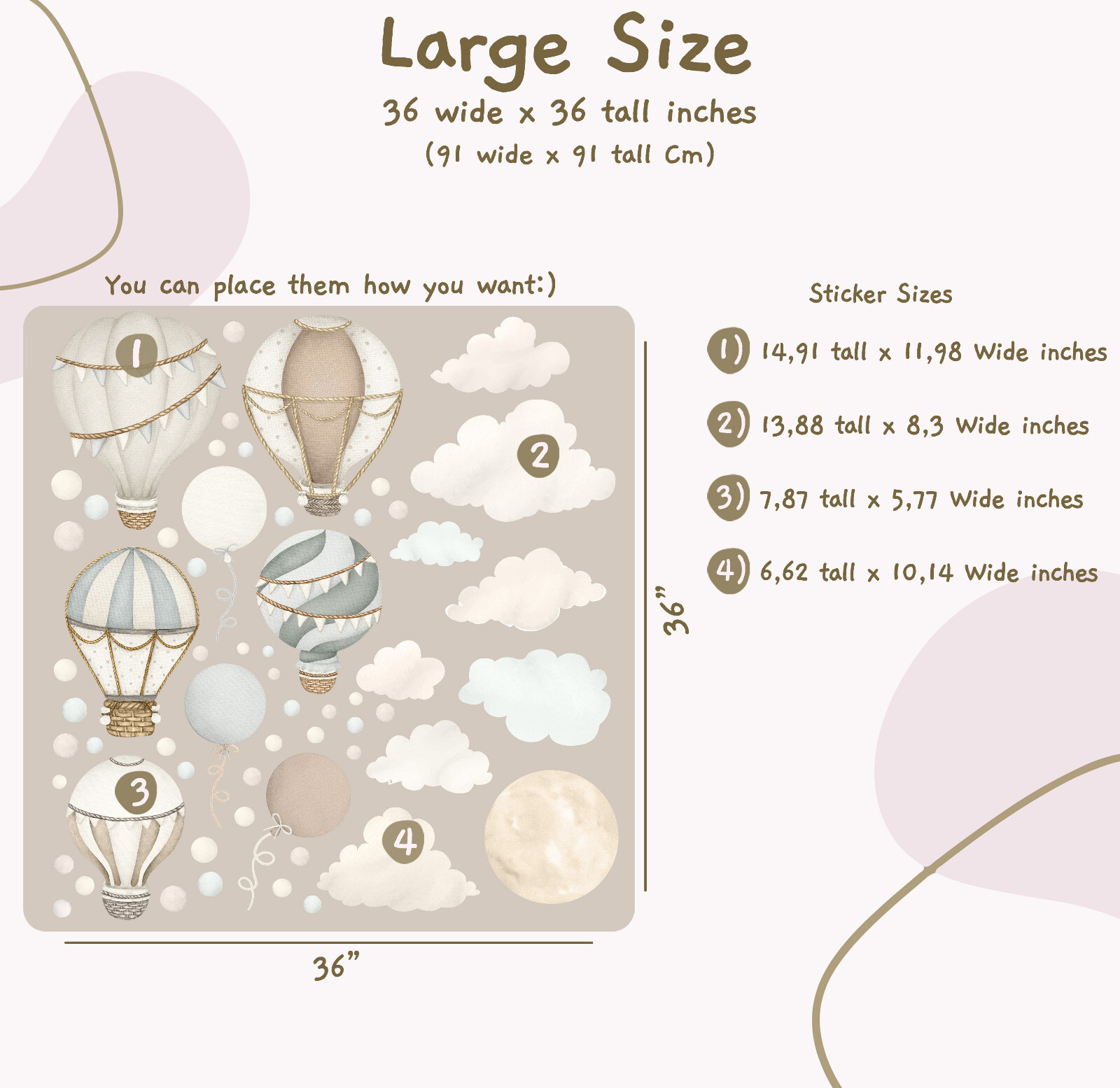 Boho Hot Air Balloon Wall Decals, Neutral Unisex Air Balloons Nursery Decor Set