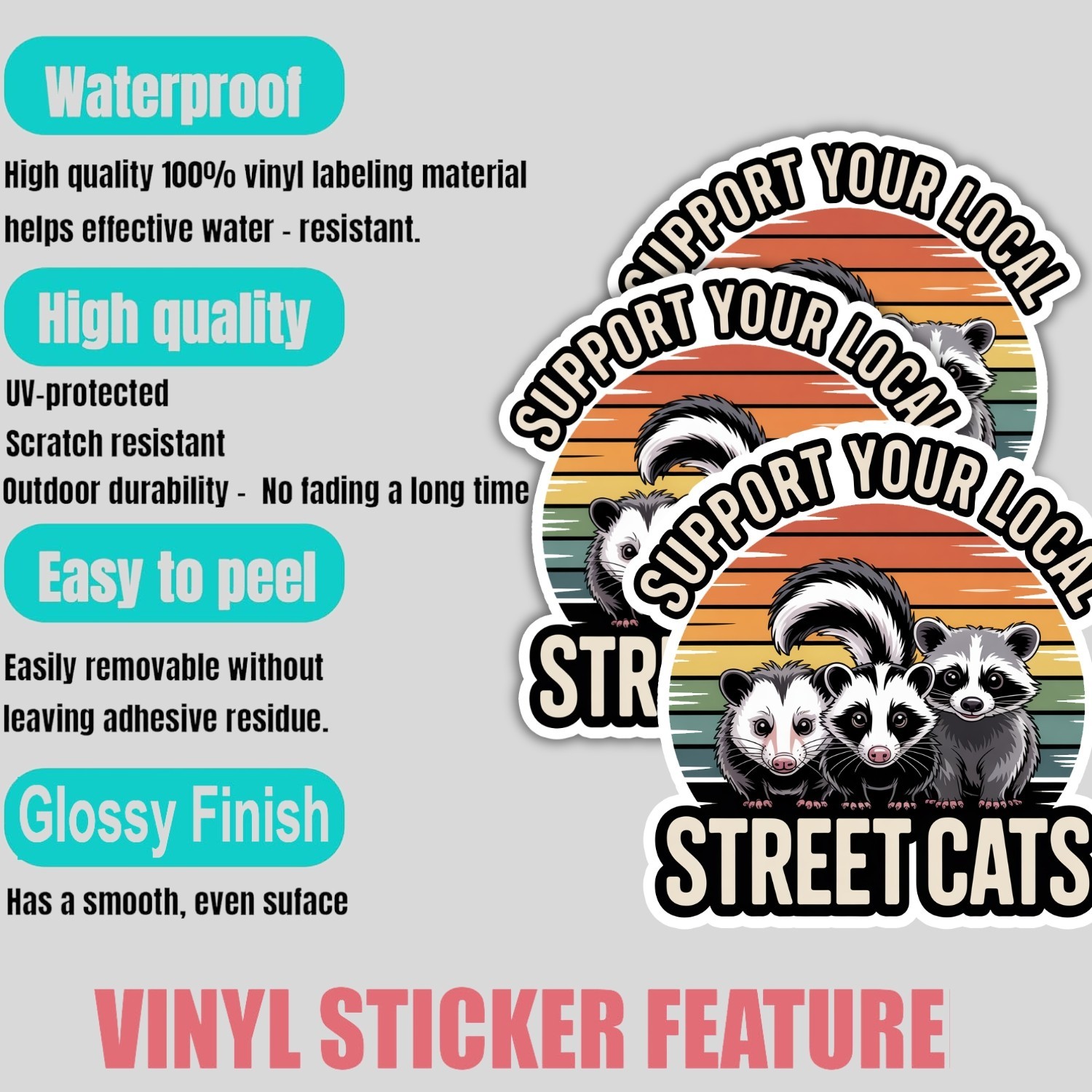 4pcs Street Cats Stickers – Funny Raccoon Opossum Decals for Laptop, Car