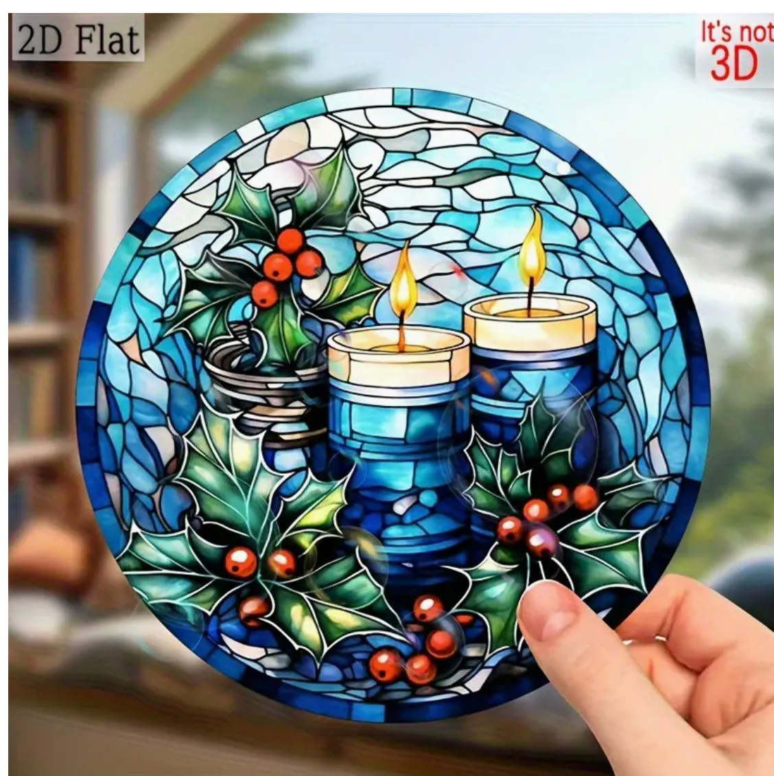 XL Color Blue Candle Window Cling/Decal-Static Adhesive-Stained Glass Look-9in