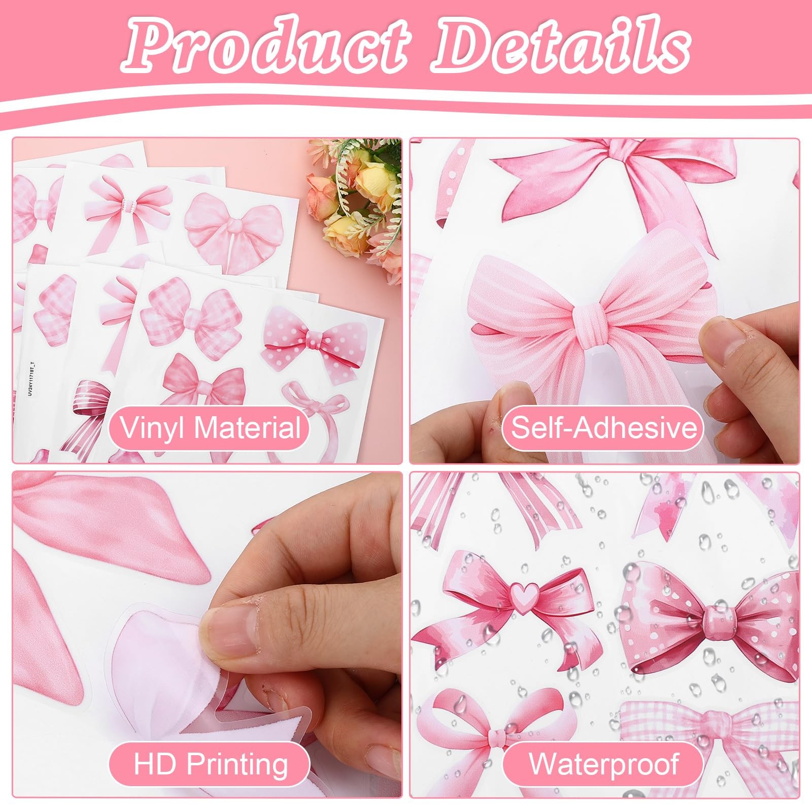 64 Pcs Bow Wall Stickers Pink Vinyl Peel Stick Bowtie Decal Watercolor Coquet…
