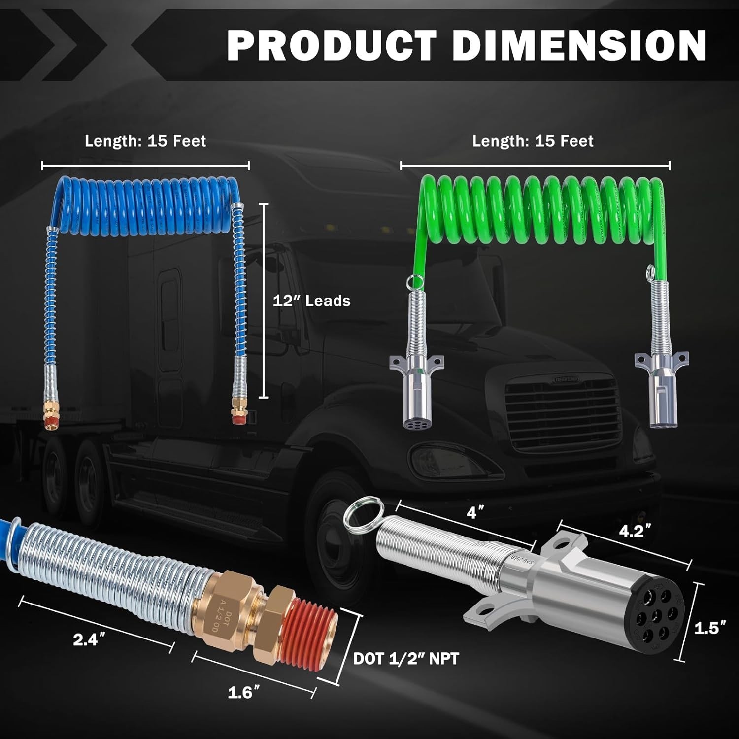 15 Ft Coiled Air Brake Hoses & ABS Electrical Power Wire Assembly Kit 3 in 1 Sem
