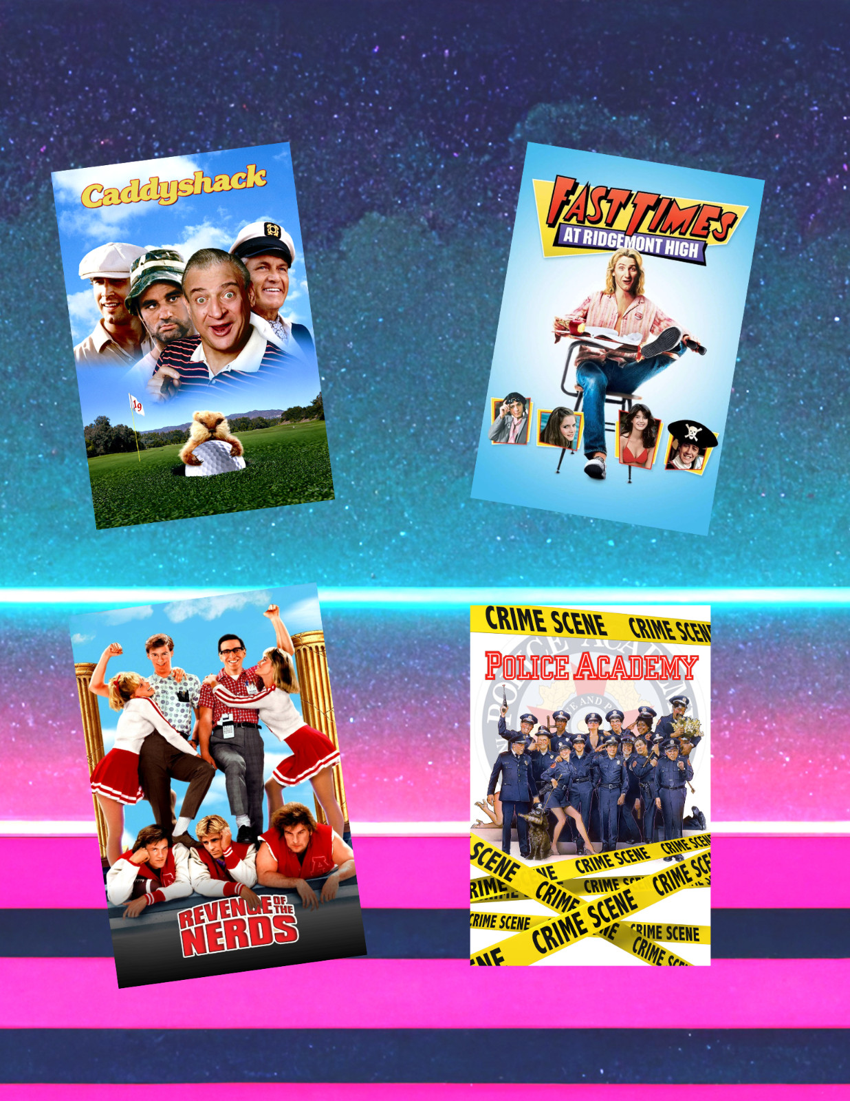 80's Comedy Movie Poster Style 4pc Sticker Pack