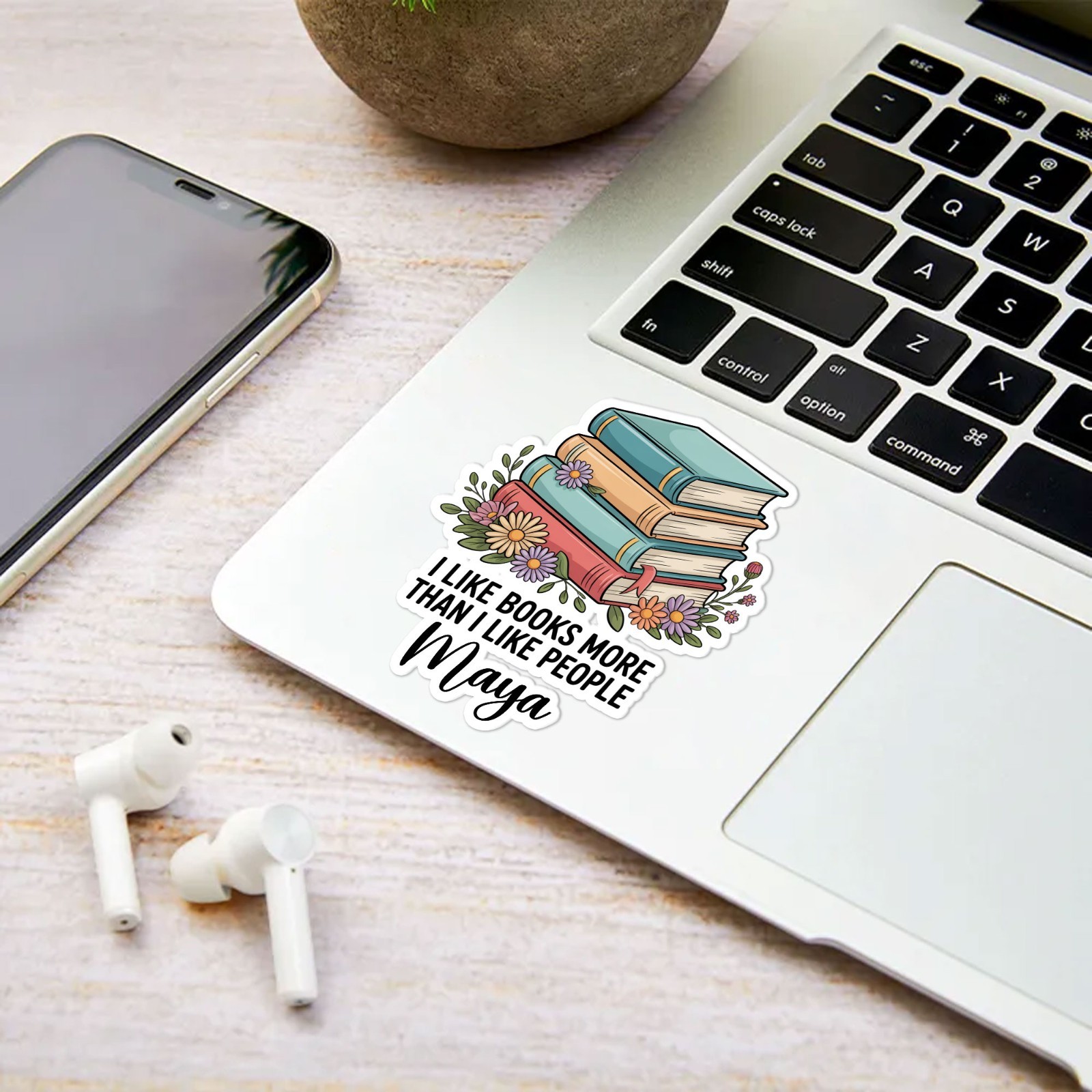 Custom Name I Like Books Floral Sticker, Waterproof Vinyl Decal For Book Lovers