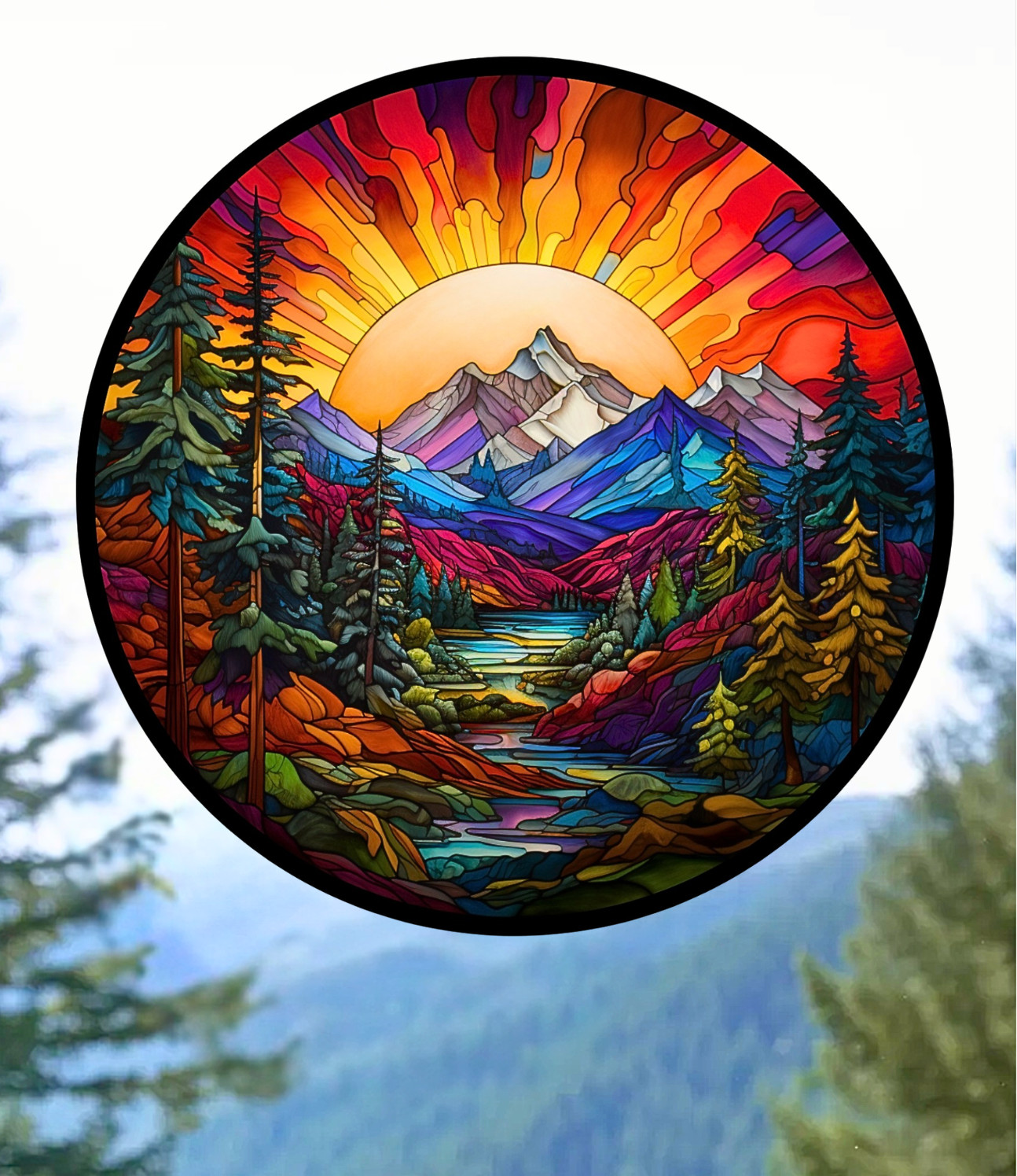 Sunset on Mountains & Trees Faux Stained-Glass WINDOW CLING Size 8" Round Vinyl