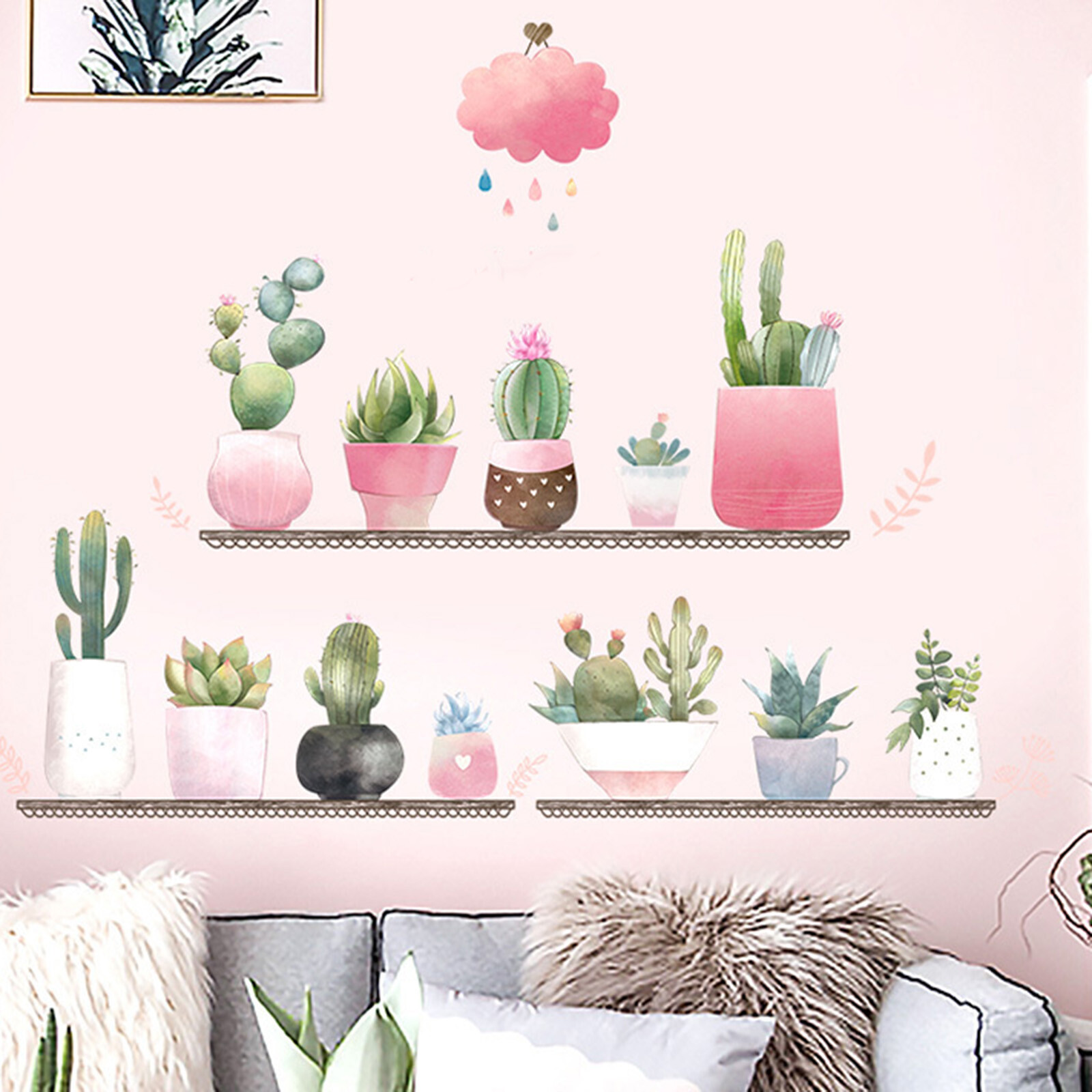 Green Potted Succulent Plants on Shelves Removable PVC WALL STICKER Living Room