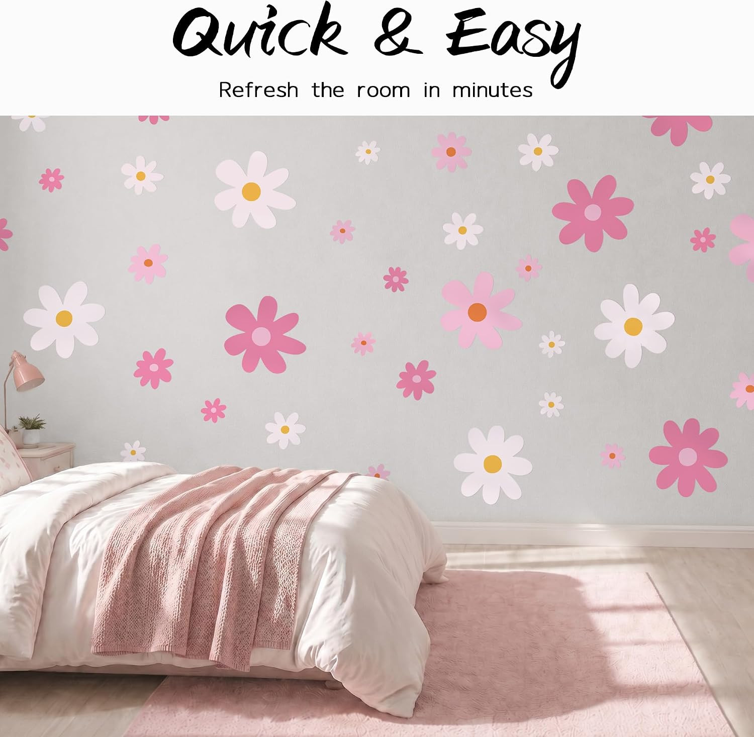 Large Daisy Wall Decals – 52 Pcs Pink Peel and Stick Flower Wall Stickers for Be