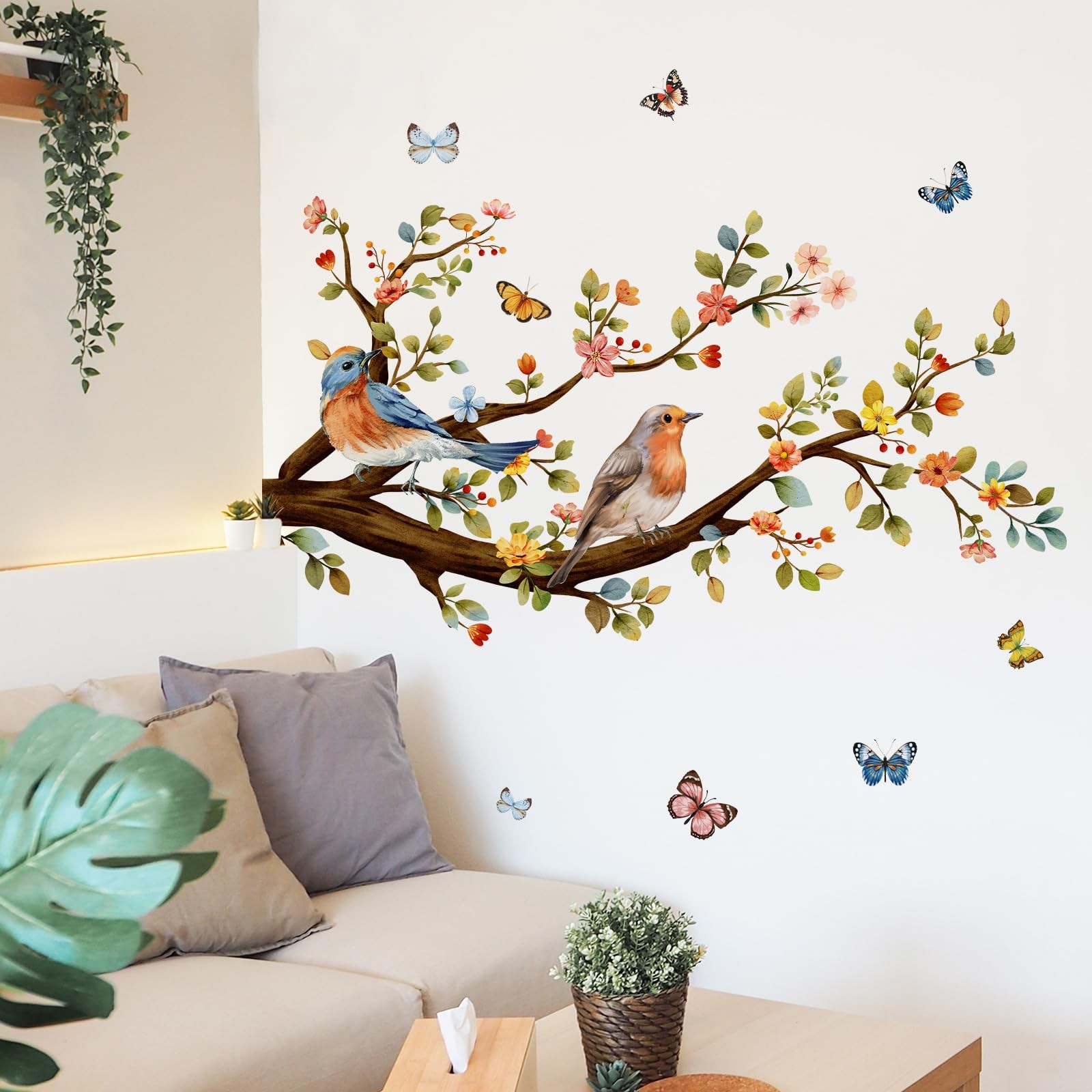 Colorful Flower Branch Bird Wall Stickers Watercolor Bird Butterfly Wall Deca…
