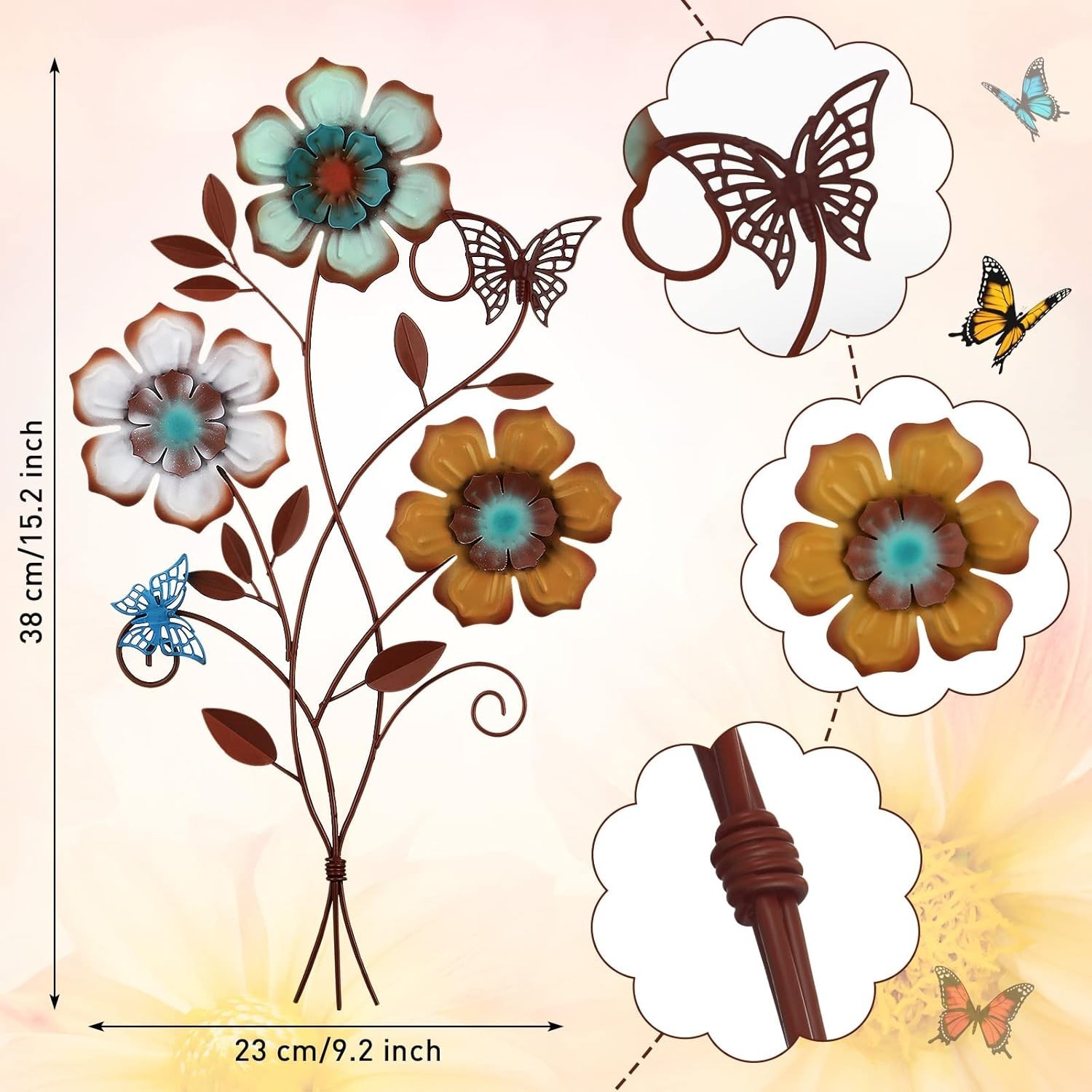 Rustic Hanging Floral Metal Wall Decor for Home – 2 Pieces