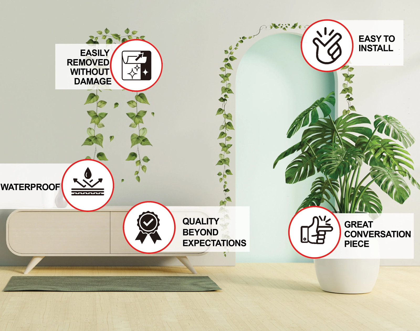 Hanging Vine Wall Sticker – Green Ivy Leaves Decal – Versatile Floral Decor for