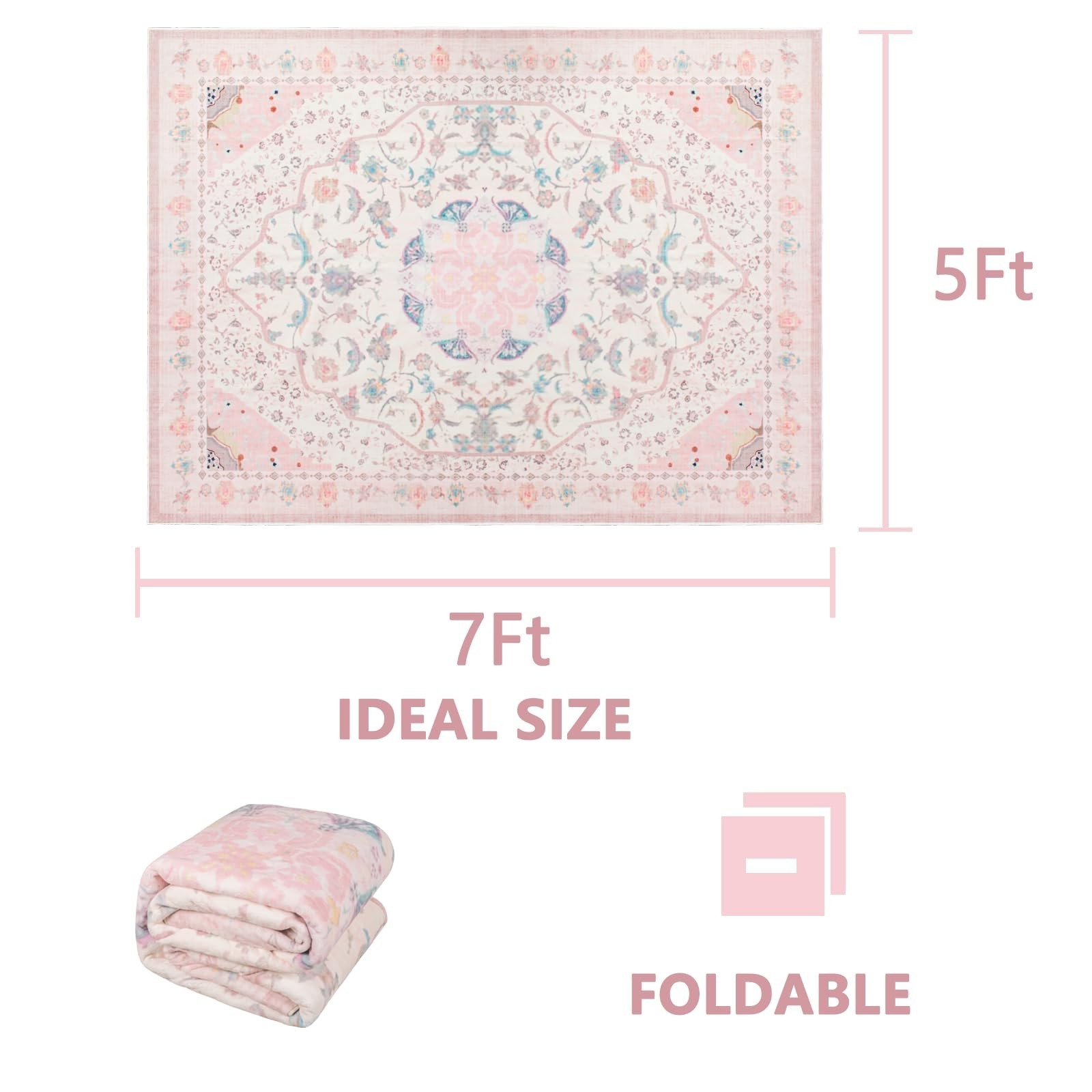 Area Rug – Vintage 5×7 Non-Slip Backing Area Rugs Light Pink Soft Faux Wool C…