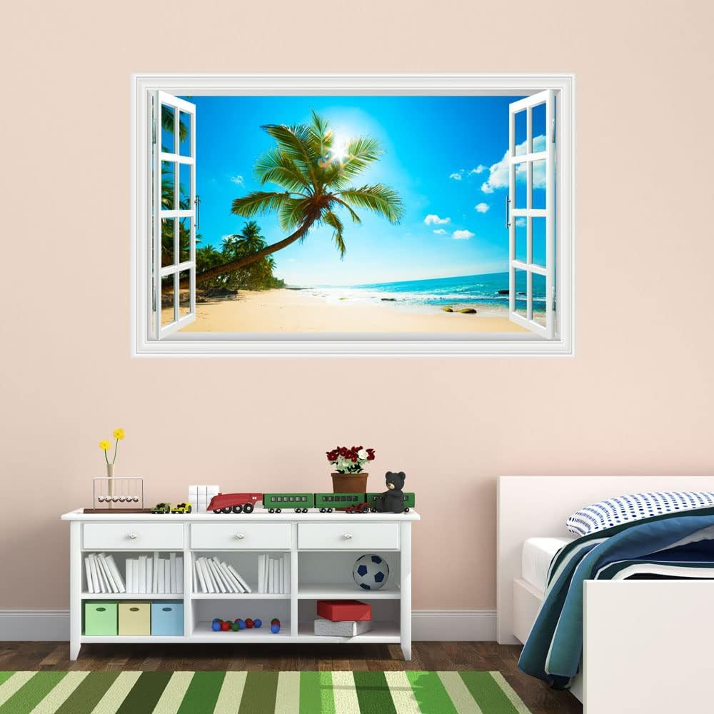 Fake Windows Wall Sticker, Removable 3D Beach Seascape Faux Windows Wall Decals
