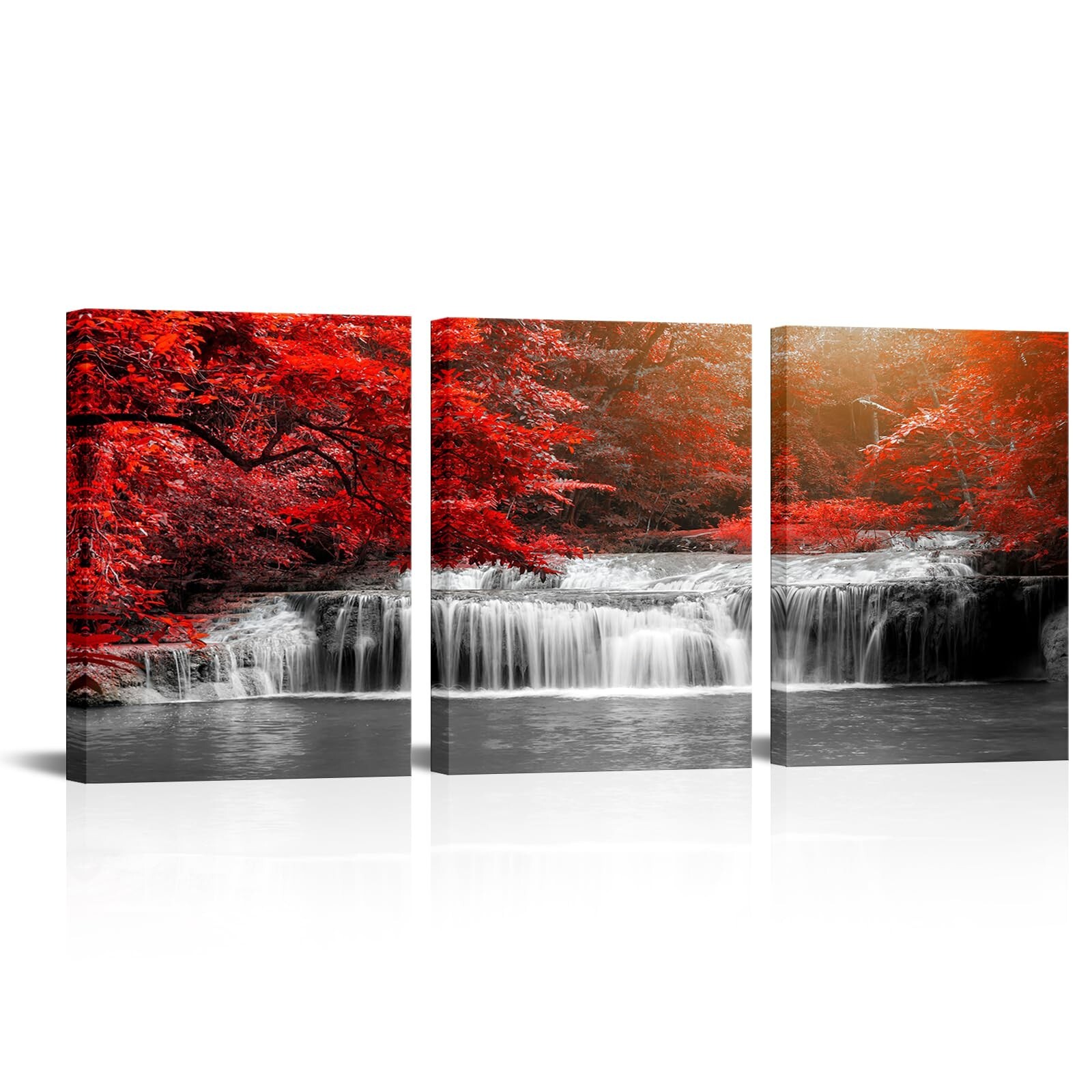 Visual Art Decor 3 Pieces Black White and Red Canvas Wall Art Red Forest Wate…