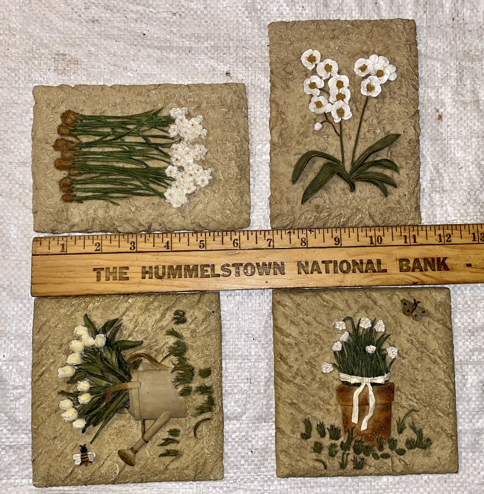 SET OF 4 SCULPTURED CERAMIC FLOWER GARDEN WALL DECOR PLAQUES