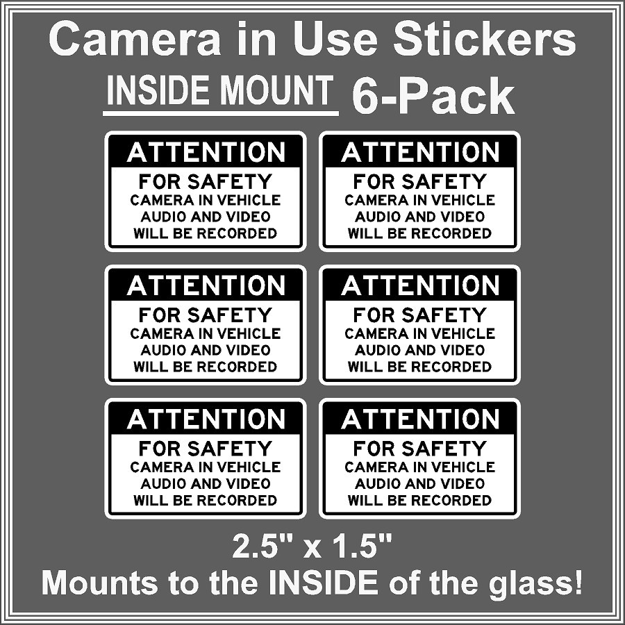 Camera in Car Recording Video 6-Pack INSIDE MOUNT Decals Black White 2.5" x 1.5"