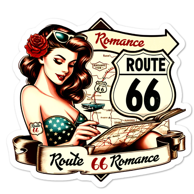Pin Up Route 66 Romance Retro Vinyl Sticker, Water Resistant Scrapbooking Laptop