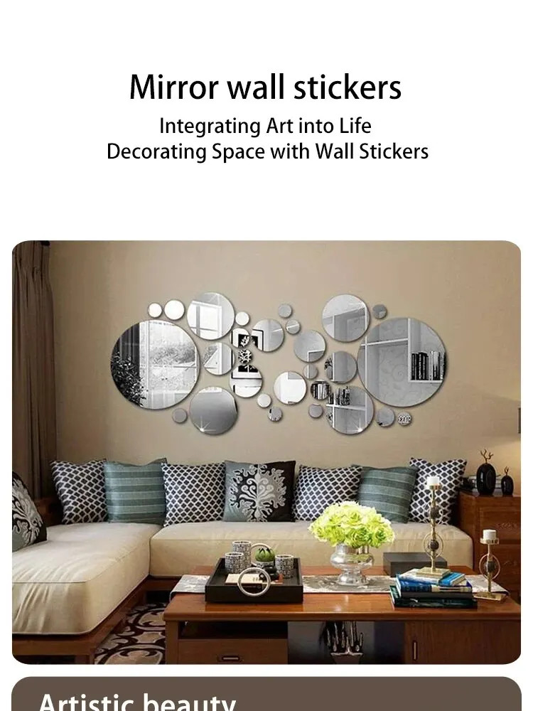 26 PCs 3D Acrylic Mirror Wall Sticker Round DIY Home Decor
