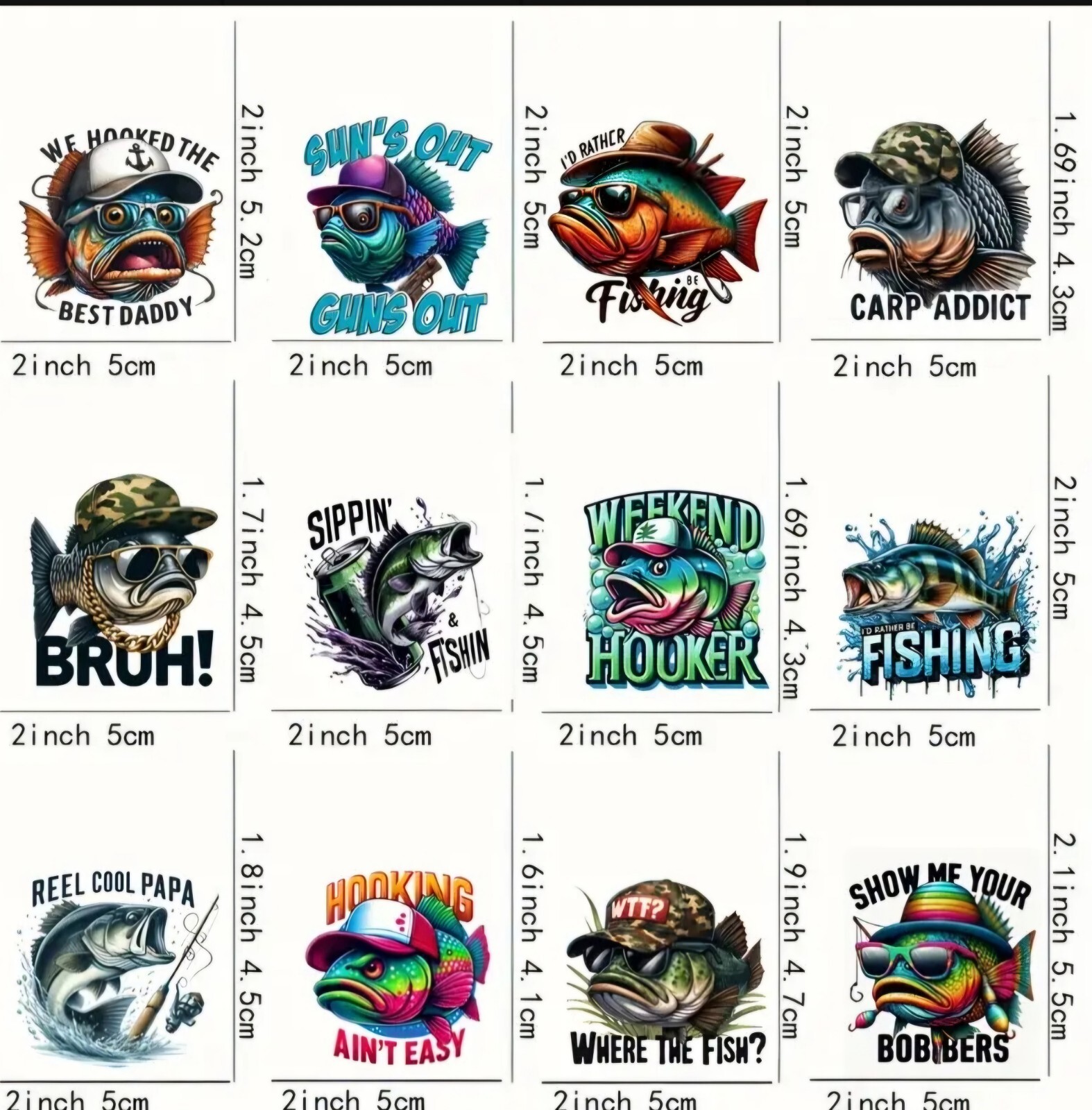 UV DTF Funny Fishing Quotes Transfer Sticker Set 12 Pieces 2×2 Inch Decals