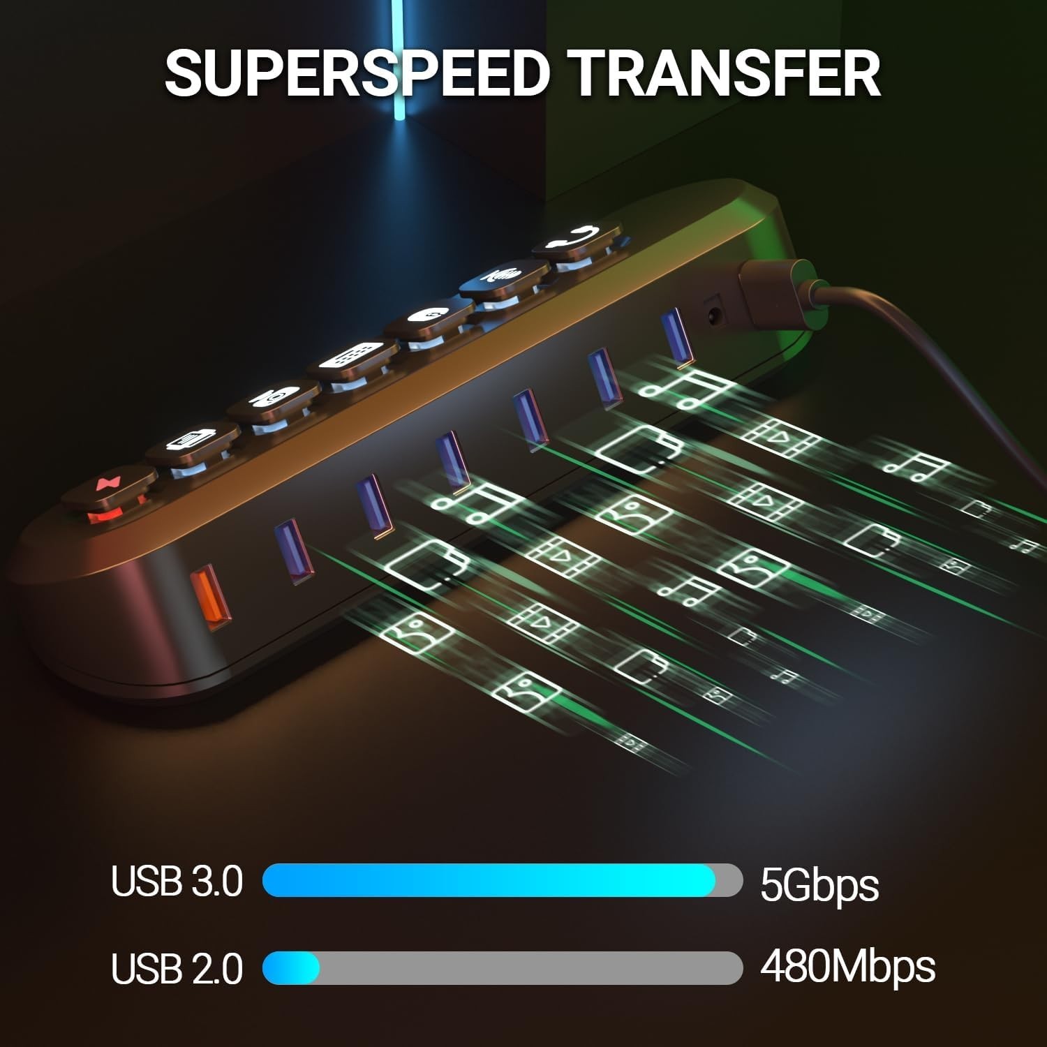 Powered USB 3.0 Hub: 7 Ports with 6 Superspeed Sharing & Fast Charge Capability