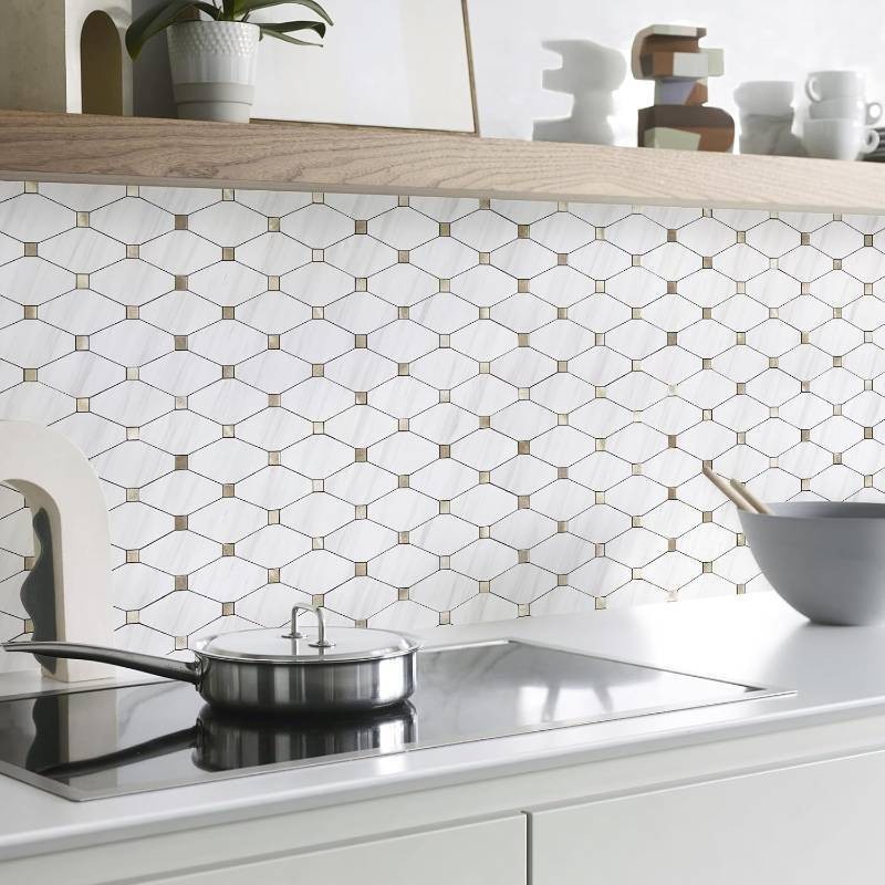 STICKGOO 8 Sheets Peel and Stick Dolomite Mosaic Tile, White Marble/Metal Look