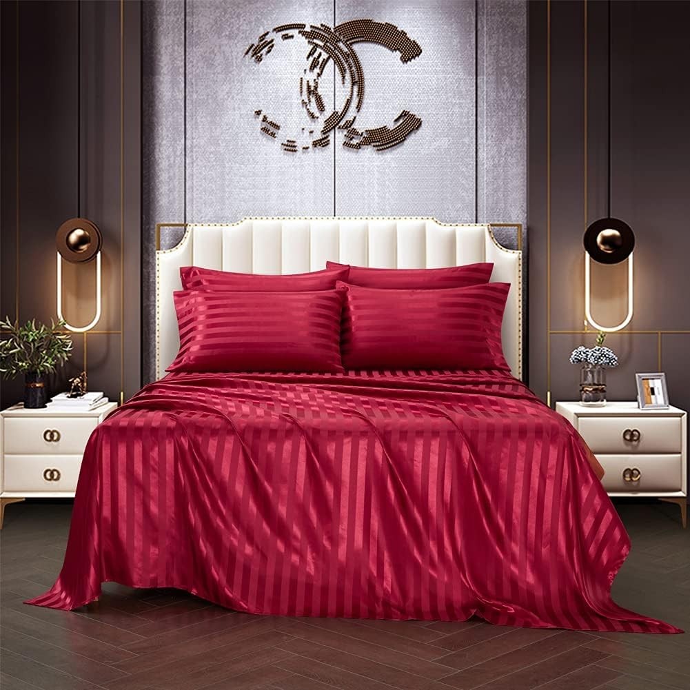 6 Piece Satin Italian Style Bed Sheet Set Deep Pocket Stripes Super Sof…