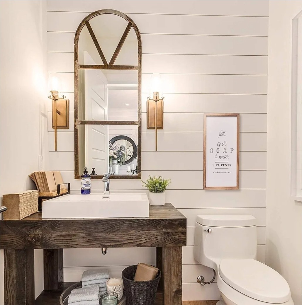 House Bathroom Decor – Modern Rustic Wall Art 8 x 17" – Fresh Soap and Water