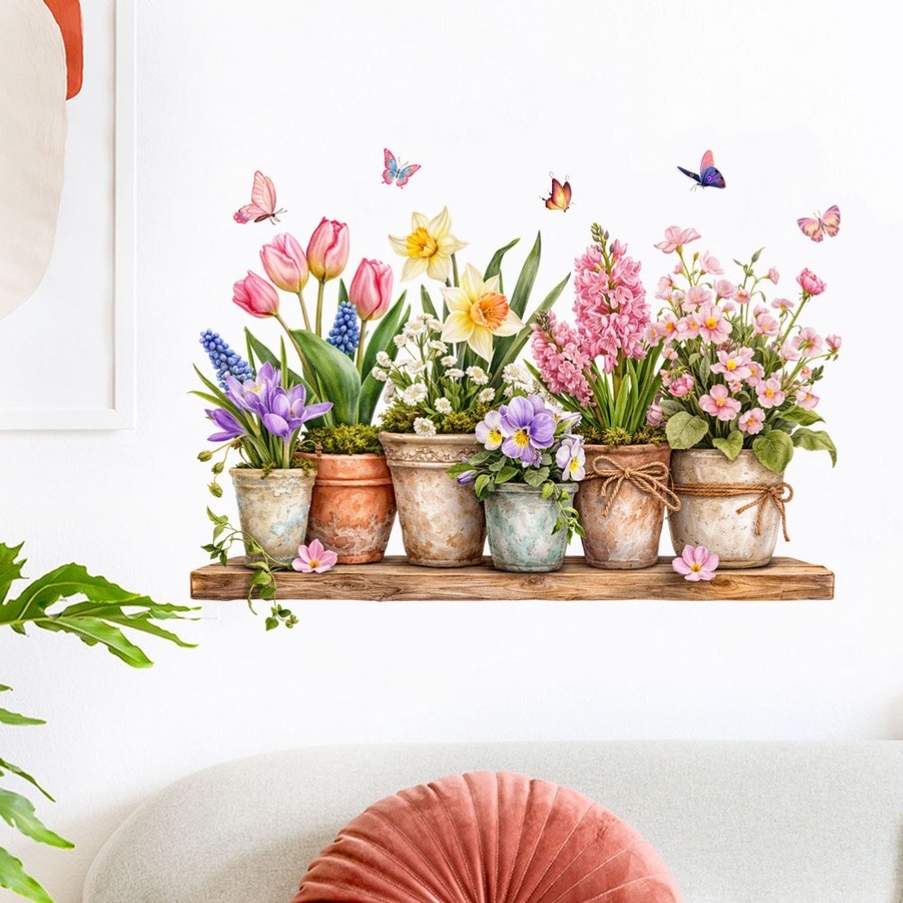 Living Room Wall Decor Tulip Floral Stickers 90x30cm Pink PVC Material
