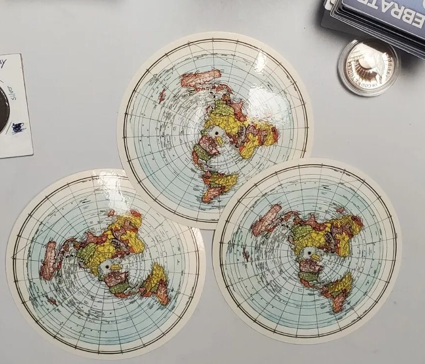 FLAT EARTH 🌎 MAP STICKERS 3 PACK each 5" in diameter
