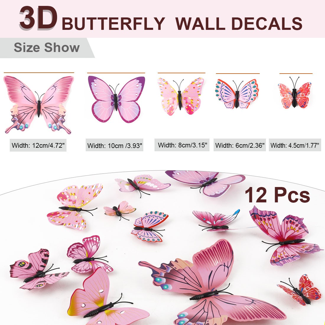 12pcs 3D Butterfly Wall Stickers Decal Stickers for Room Pink
