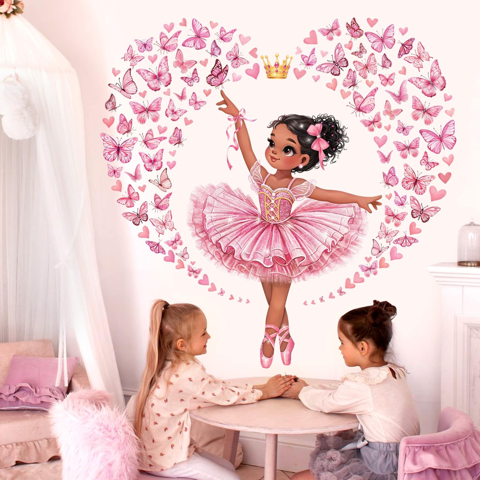 Black Dancing Girl Ballerina Wall Stickers Princess Pink Butterfly Wall Decal…