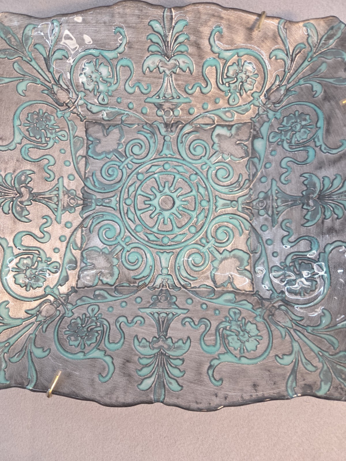 Vintage Turkish Art Glass Platter Square Reverse Painted Turquoise Silver 11"