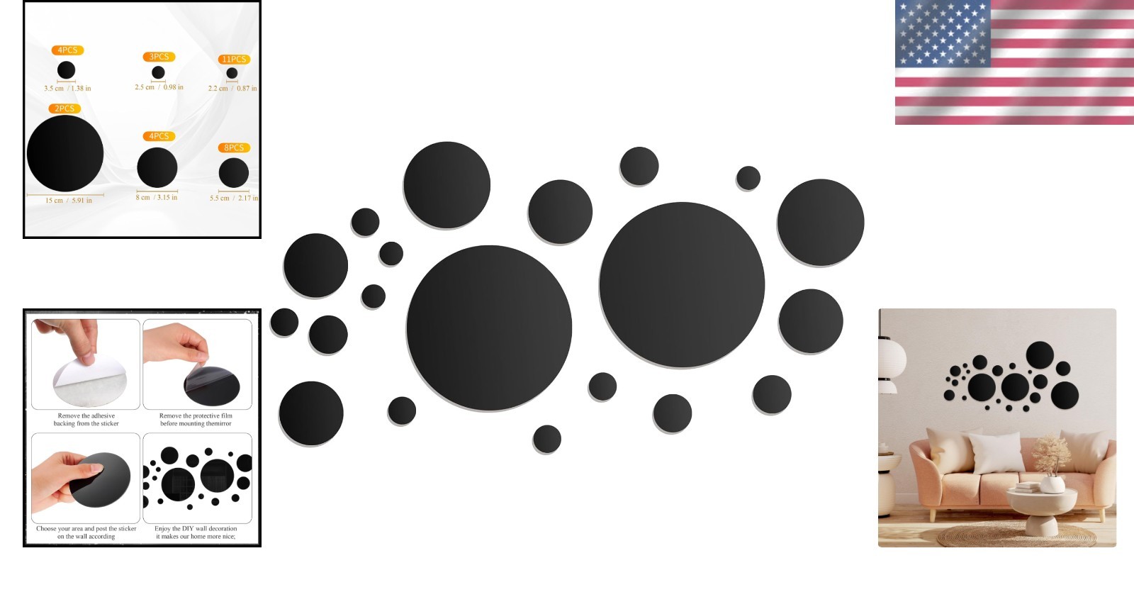 Modern Black Acrylic Round Mirror Wall Decals – 32 Pcs for Bright Living Spaces