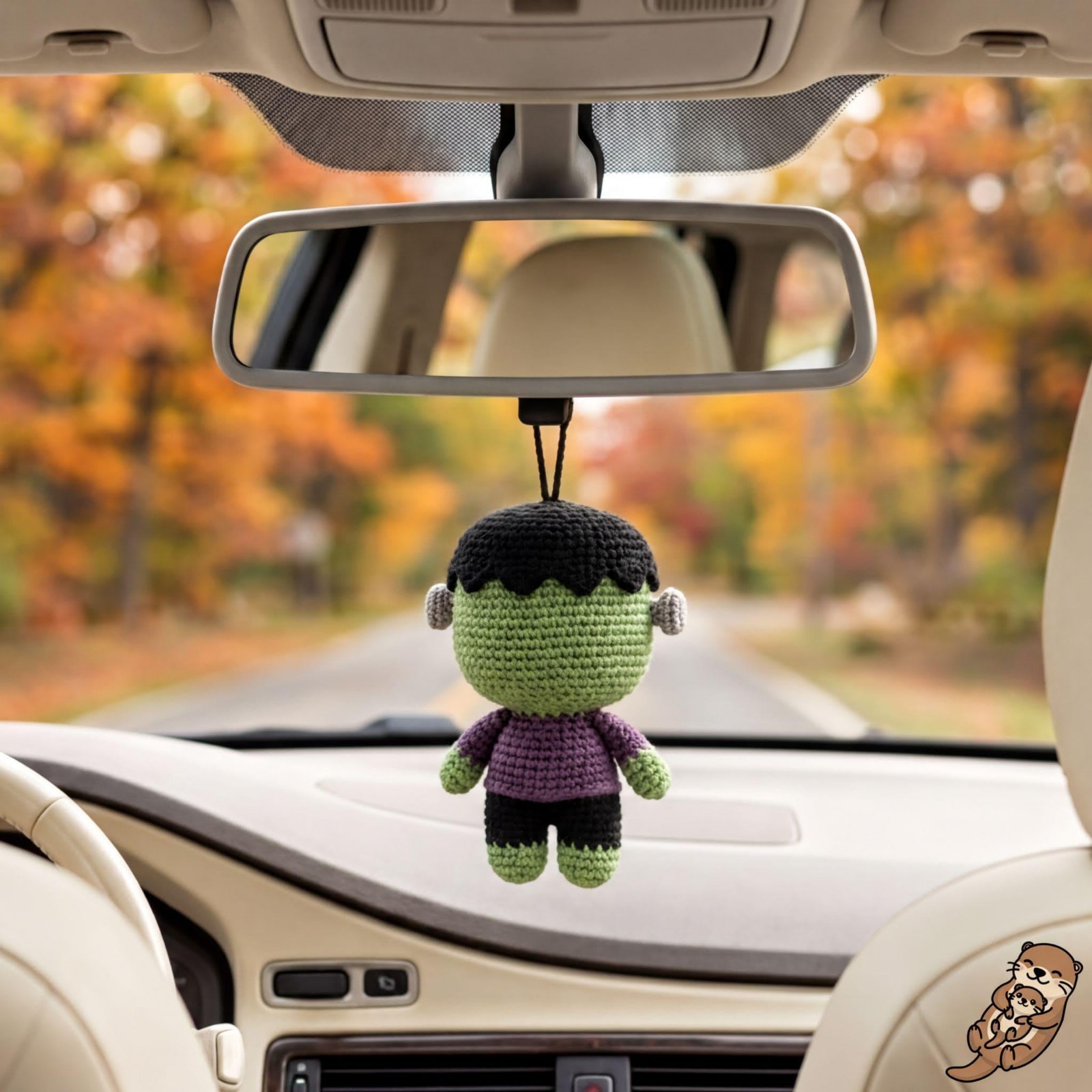 Handmade Frankenstein Crochet Car Charm, Green Monster Halloween Decor