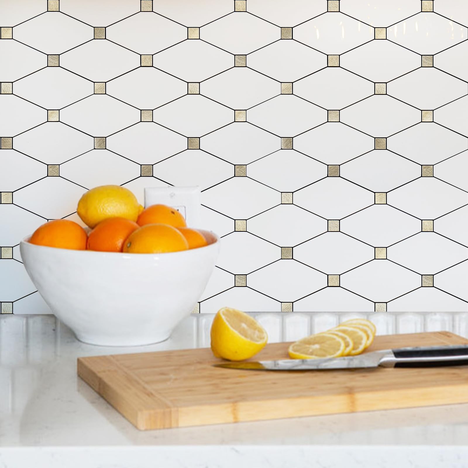 STICKGOO 10 Sheets Peel and Stick Backsplash, Pure White Marble Look PVC Mixe…
