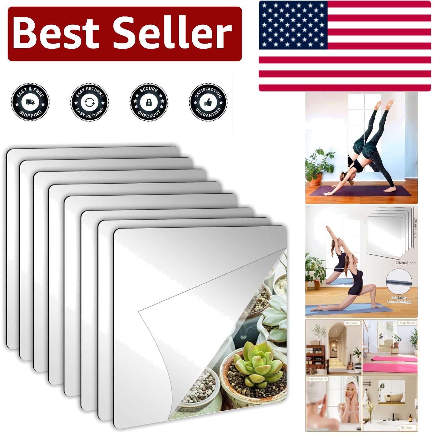 Frameless 8×8 Inch Self-Adhesive Acrylic Mirror Sheets – 8 Pack for DIY Decor