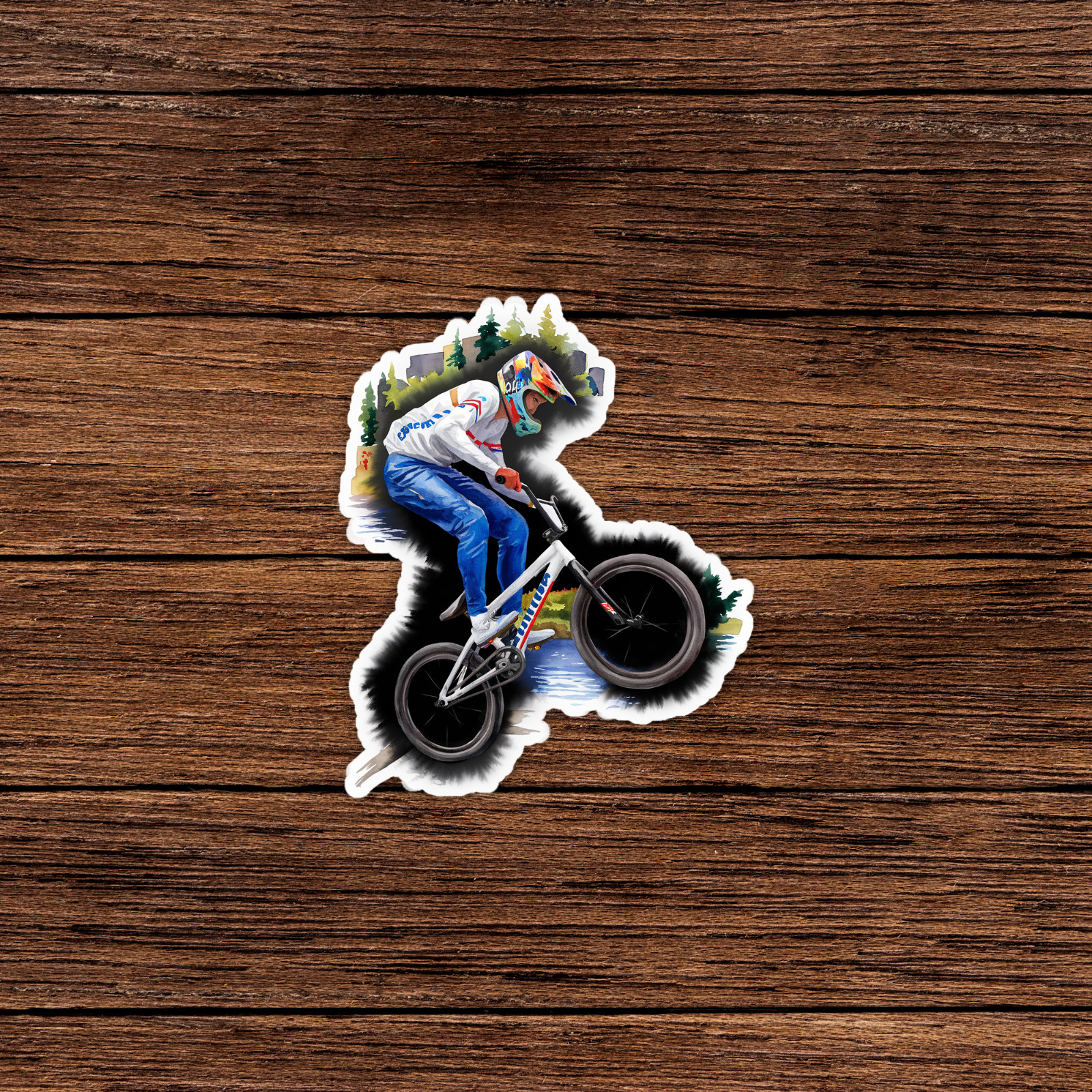Retro 80s BMX Biker Sticker – Radical Freestyle Tricks in the Woods #581