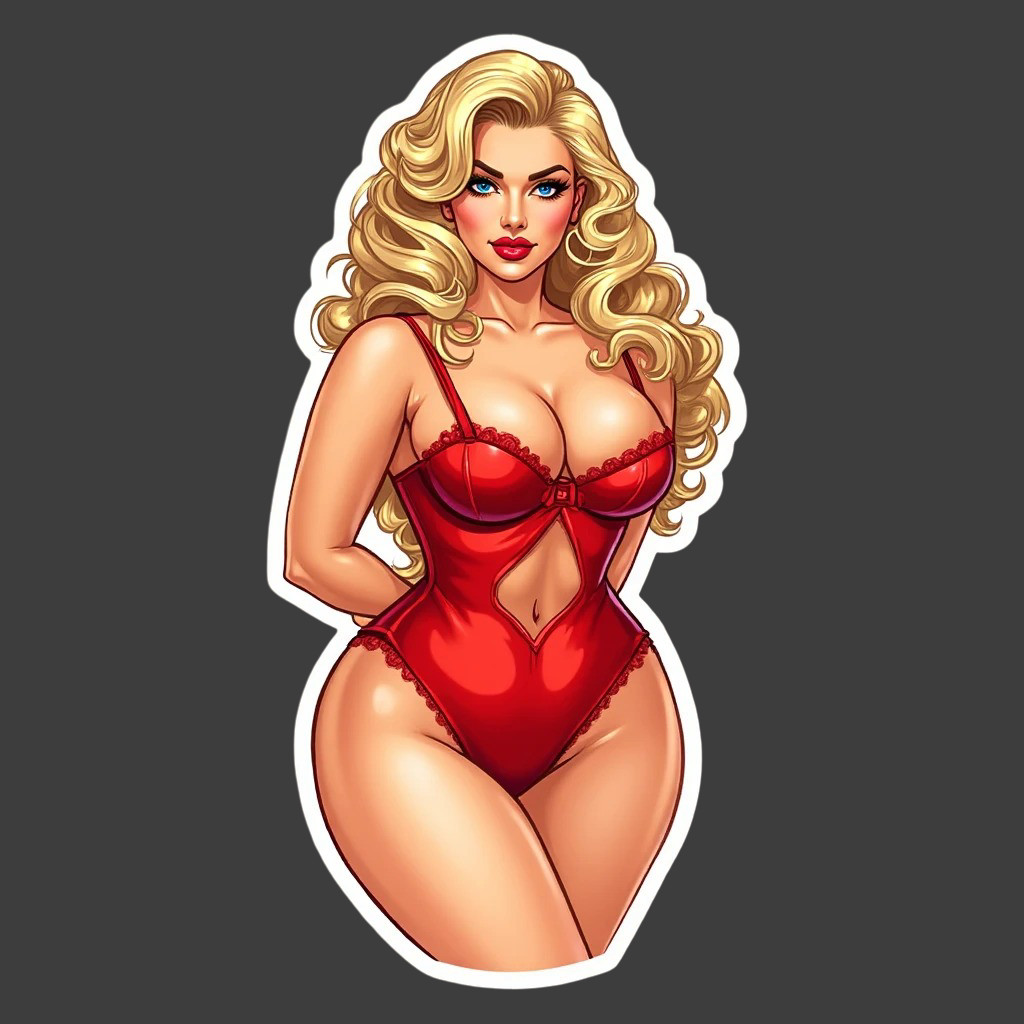 Pinup girl sticker vinyl decal lingerie teddy red curvy thick blonde hair tan