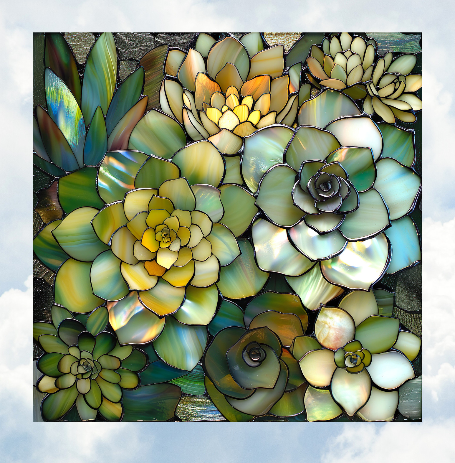 Succulent Plants Faux Stained-Glass WINDOW CLING Size 8" Square Vinyl